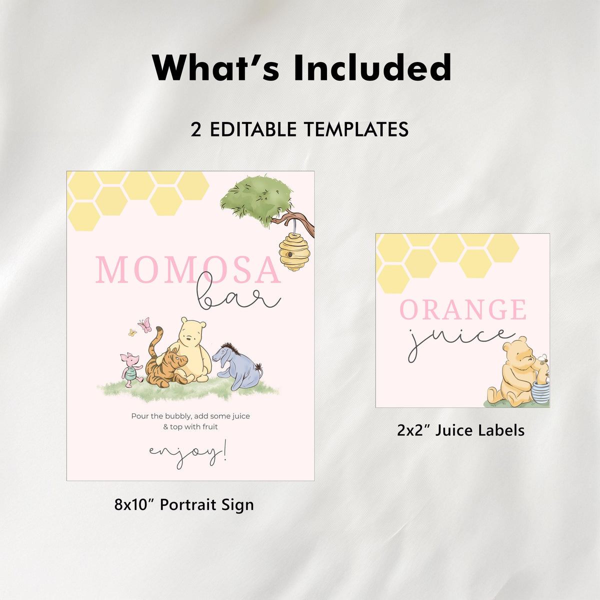 Pink Winnie the Pooh Mimosa Bar Sign, Momosa Bar Baby Shower Juice Tags