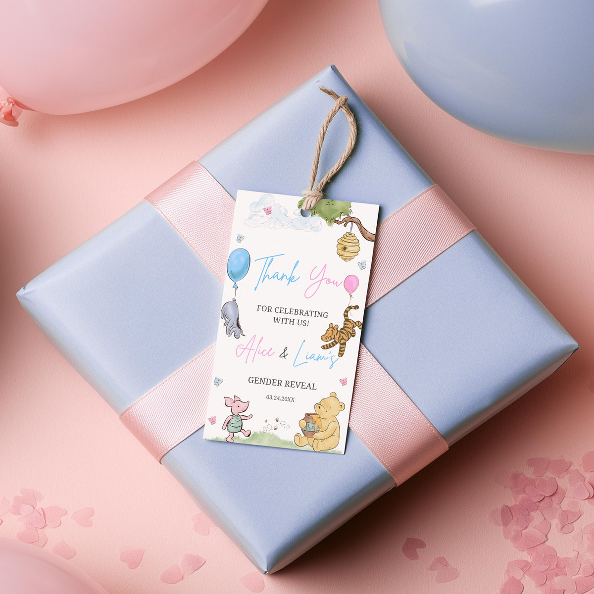 Winnie the Pooh Gender Reveal Favor Tags, Baby Shower Thank You Tags
