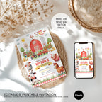 Farm Birthday Invitation, Barnyard Farm Animals Invite, Canva Template