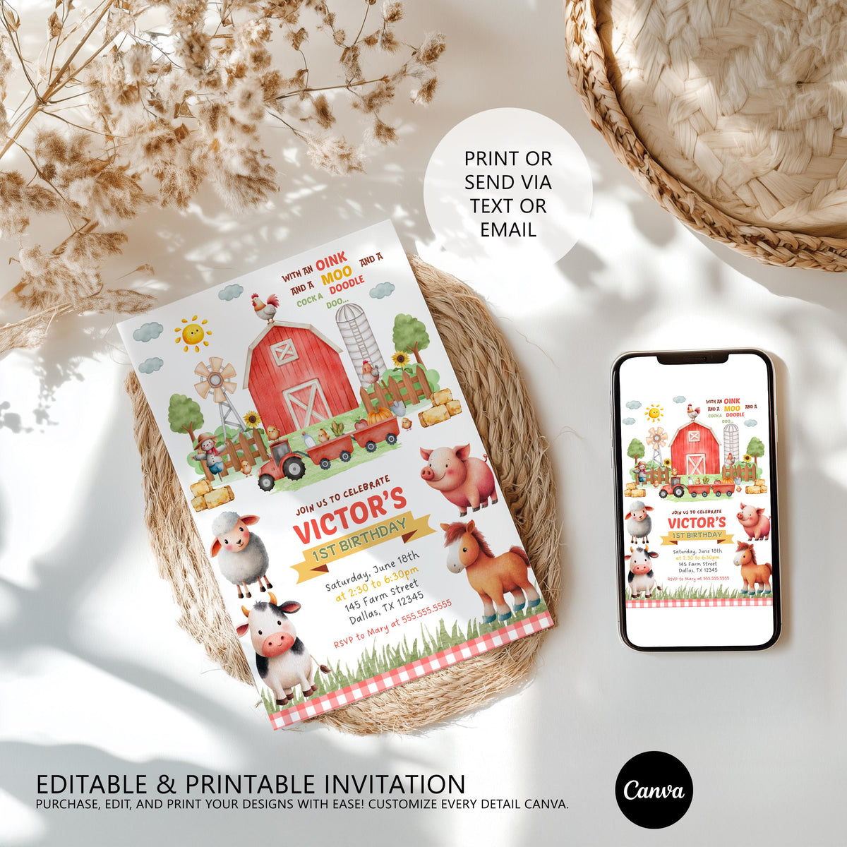 Farm Birthday Invitation, Barnyard Farm Animals Invite, Canva Template