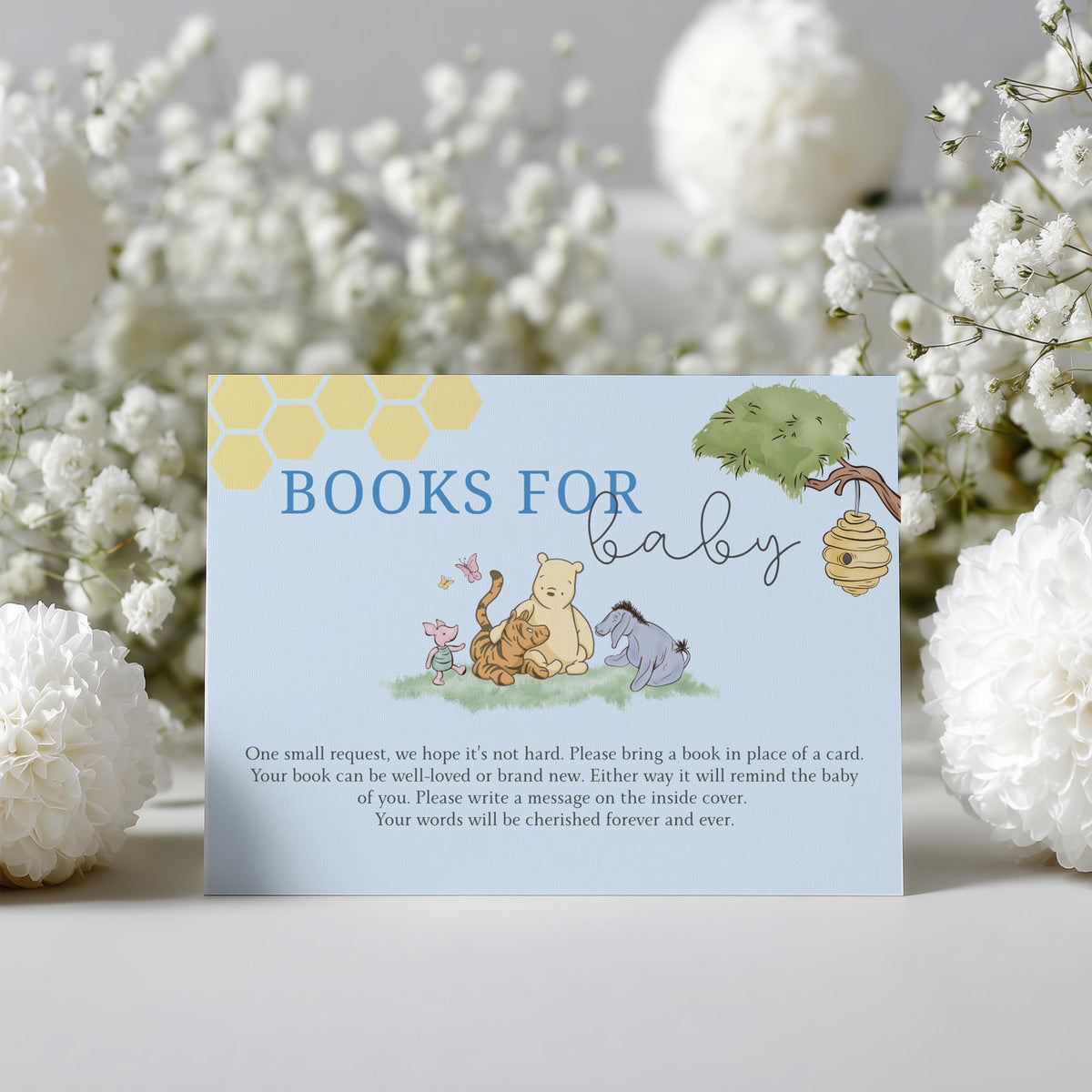 Blue Winnie the Pooh Books For Baby Printable, Baby Shower Book Request Cards