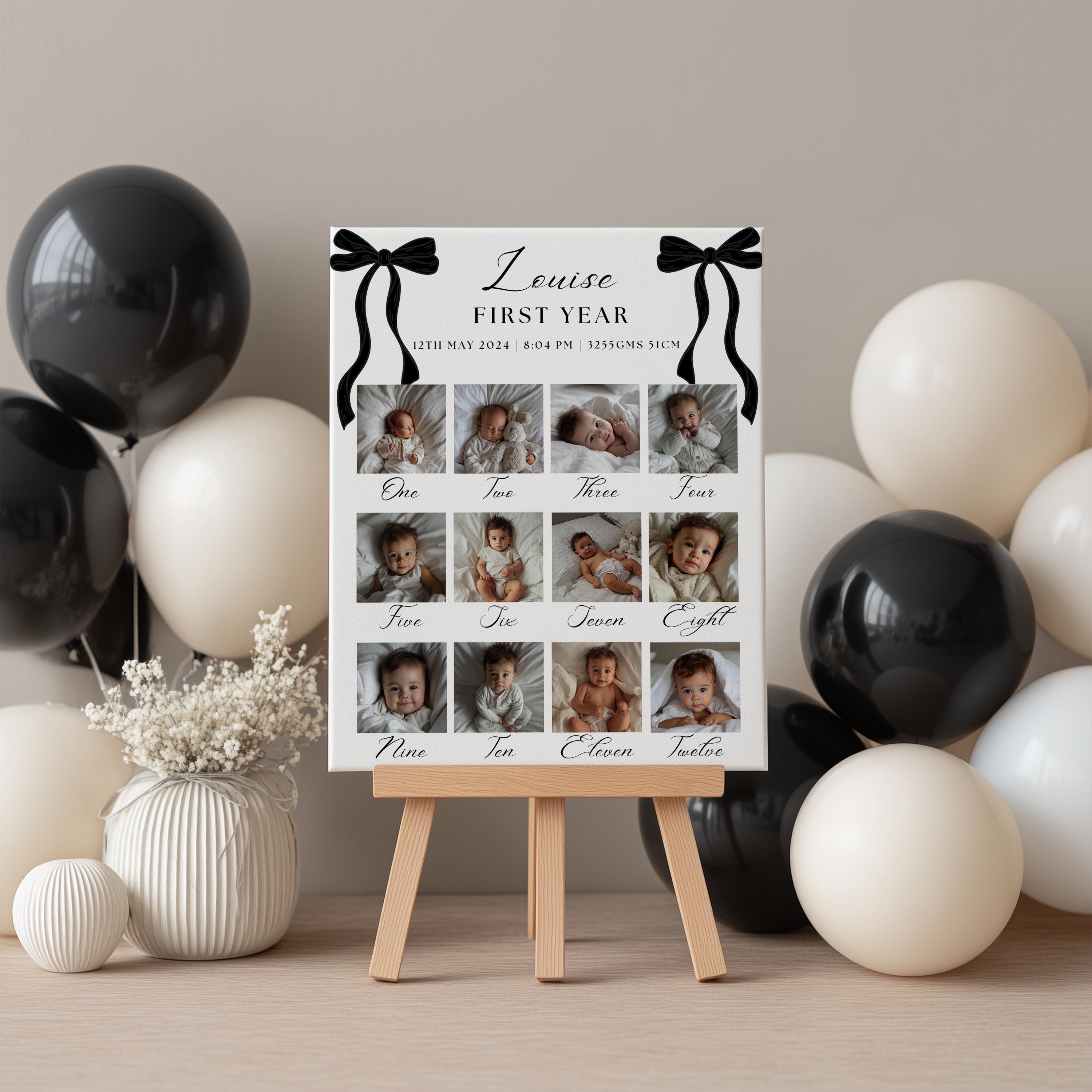 Black Bow Minimalist 1st Birthday Milestone Sign, Black Ribbon, Coquette, Gender neutral, 9174