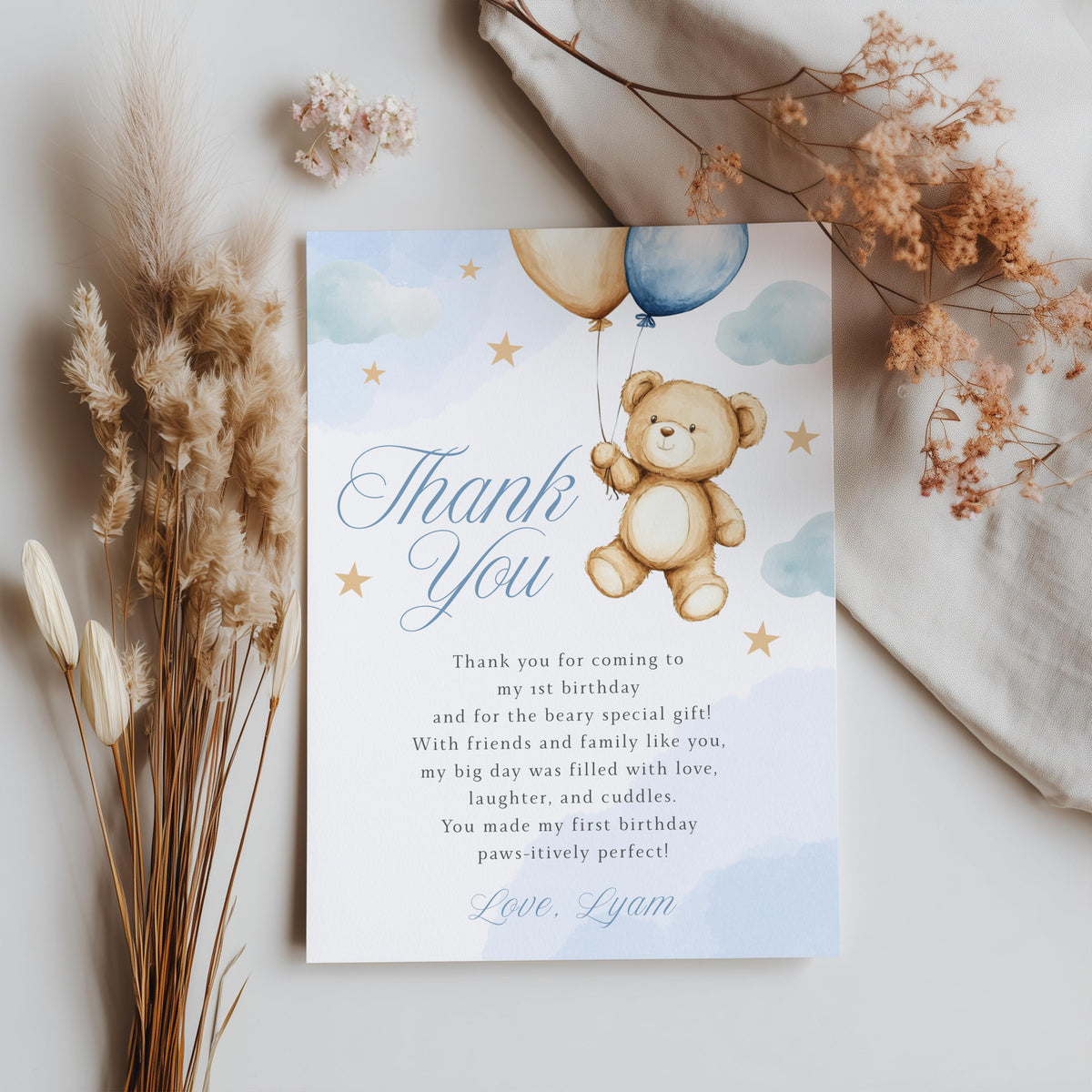 Beary First Thank You Card Template, Teddy Bear Printable Thank You Card