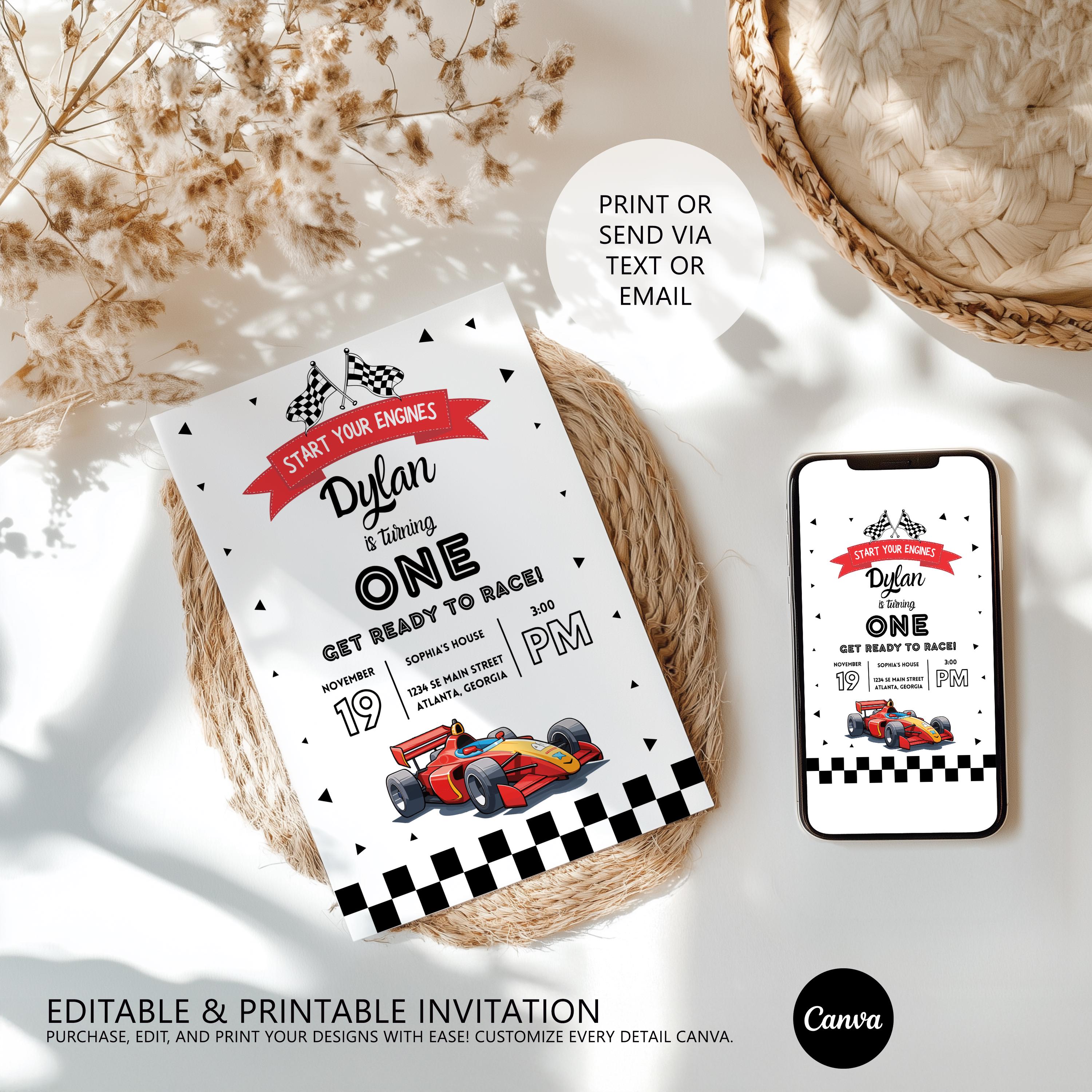 Racing Car Birthday Invitation Template, Fast Car Birthday Invite, Fast One Birthday Invitation Template 5987