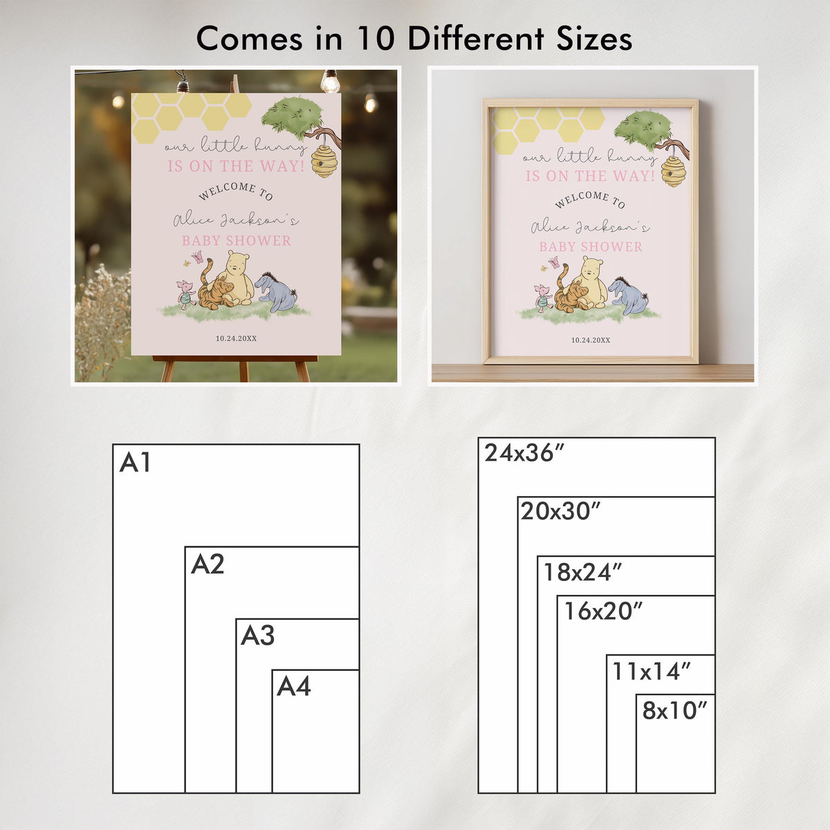 Pink Winnie the Pooh Baby Shower Welcome Sign, Template Party Signs