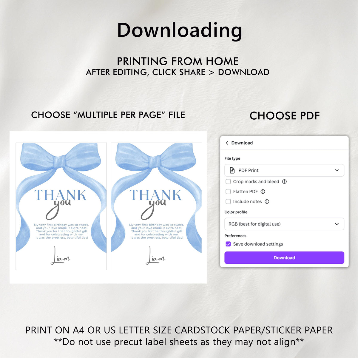 Blue Bow Thank You Card Template