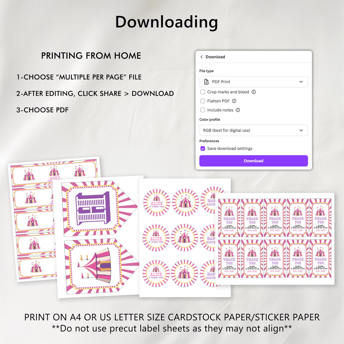 Pink Circus Party Bundle, Girl Circus Birthday Printable Decorations
