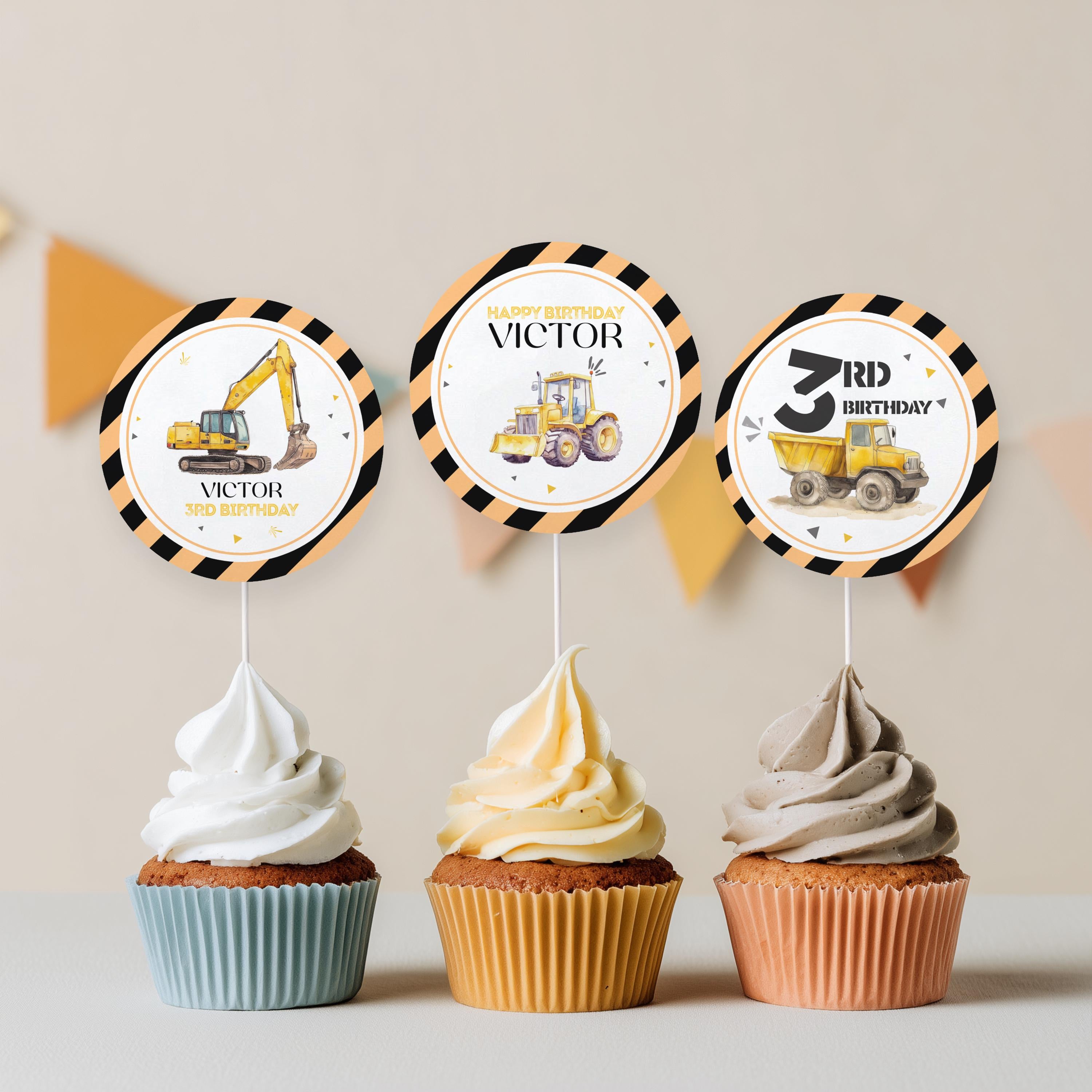 Editable Construction Birthday Cupcake toppers, Construction Party Cake Dump Truck Party Template printable Instant Digital download 9152