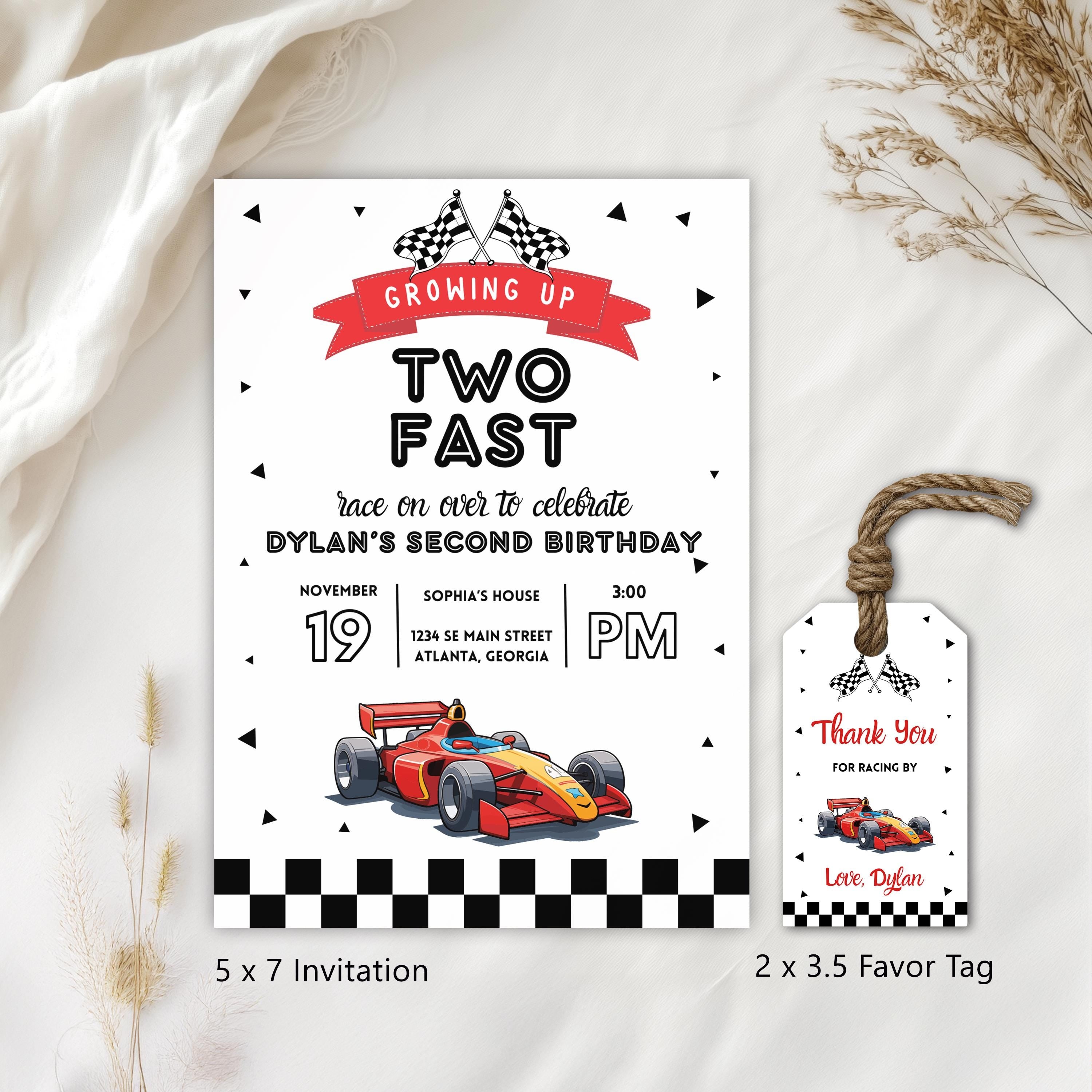 Growing Up Two fast Birthday Invitation, Race Car Party Invite, Racing Red Car 9179
