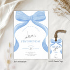 Blue Bow Birthday Invitation, Blue Ribbon Birthday Invitations, Blue Ribbon 1st Birthday , Blue Bow 1st Birthday Party Invite