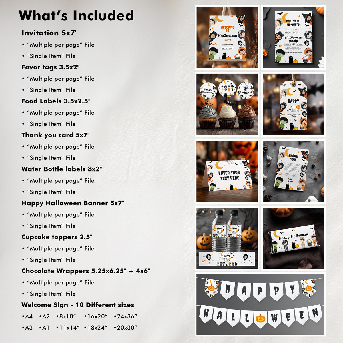 Editable Halloween Costume Witch Mummy Party Bundle Decoration, Halloween Pumpkin Costume Party Package Bundle, Halloween Party Bundle