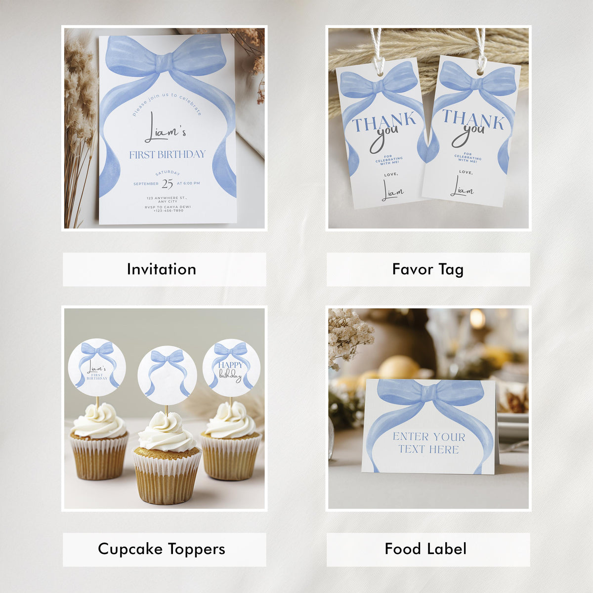 Blue Bow First Birthday Bundle, Blue Ribbon 1st Birthday Decoration, Printable Birthday Decorations, Blue Ribbon Bundle