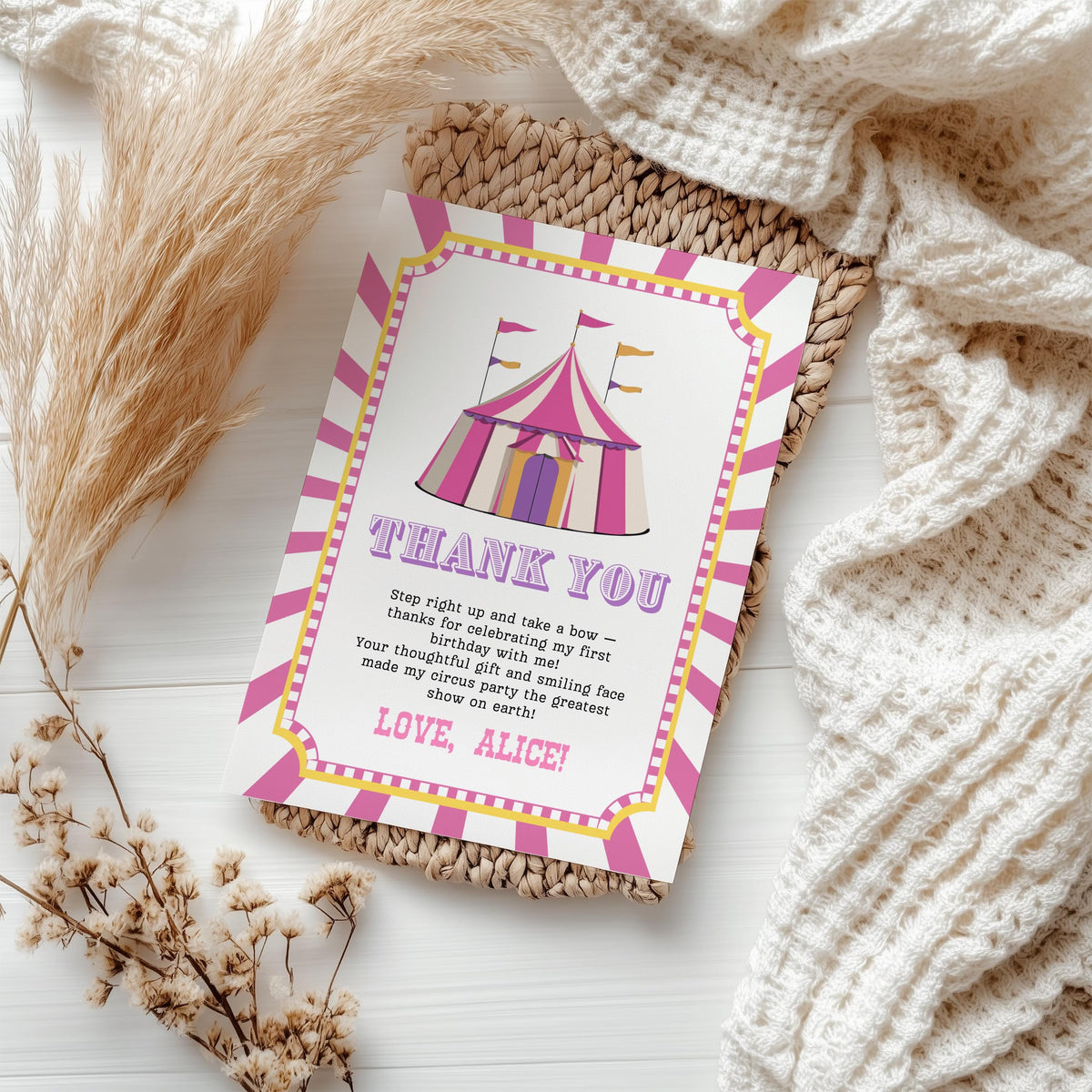 Pink Circus Thank You Card Template, Printable Thanks Card