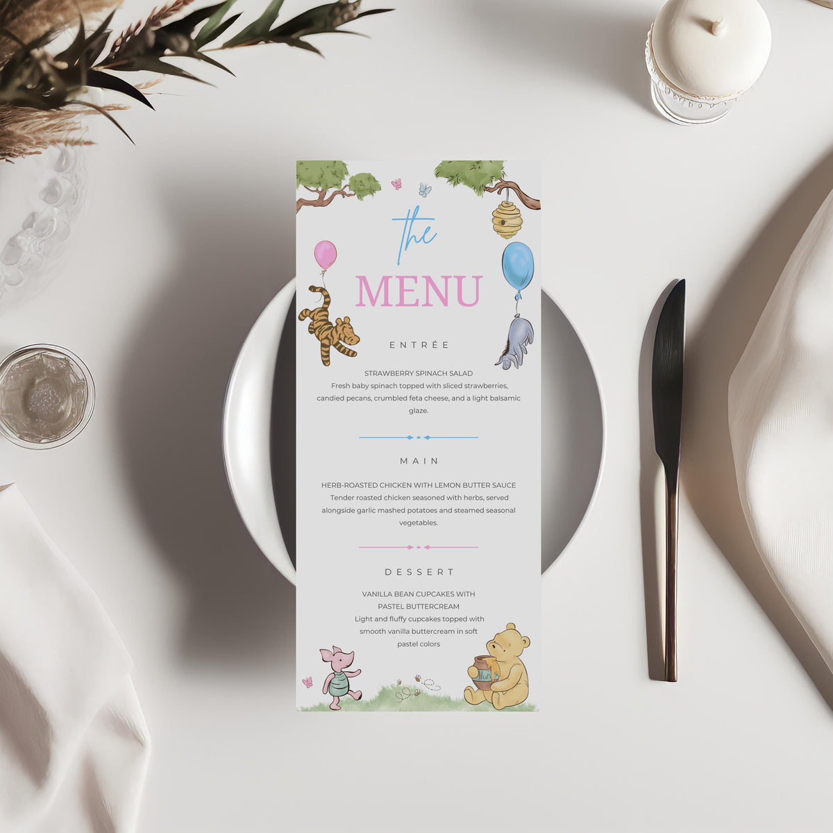 Winnie the Pooh Gender Reveal Menu Template, Baby Shower Printable Editable