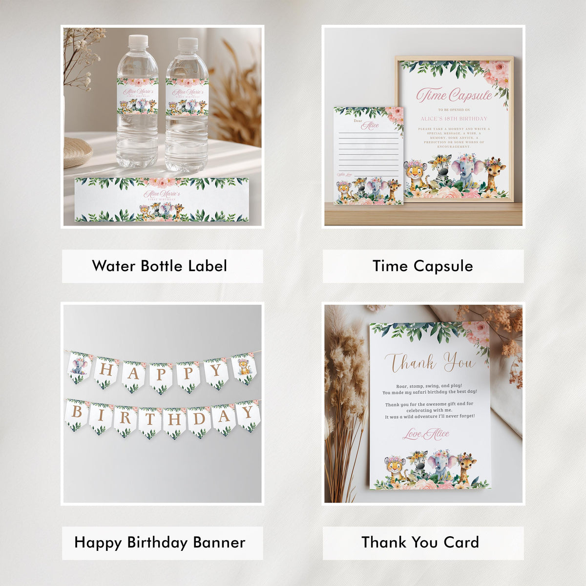 Editable Safari Party Decorations, Girl One Wild Party Package Birthday Invitations Bundle Jungle animals Template Instant Download