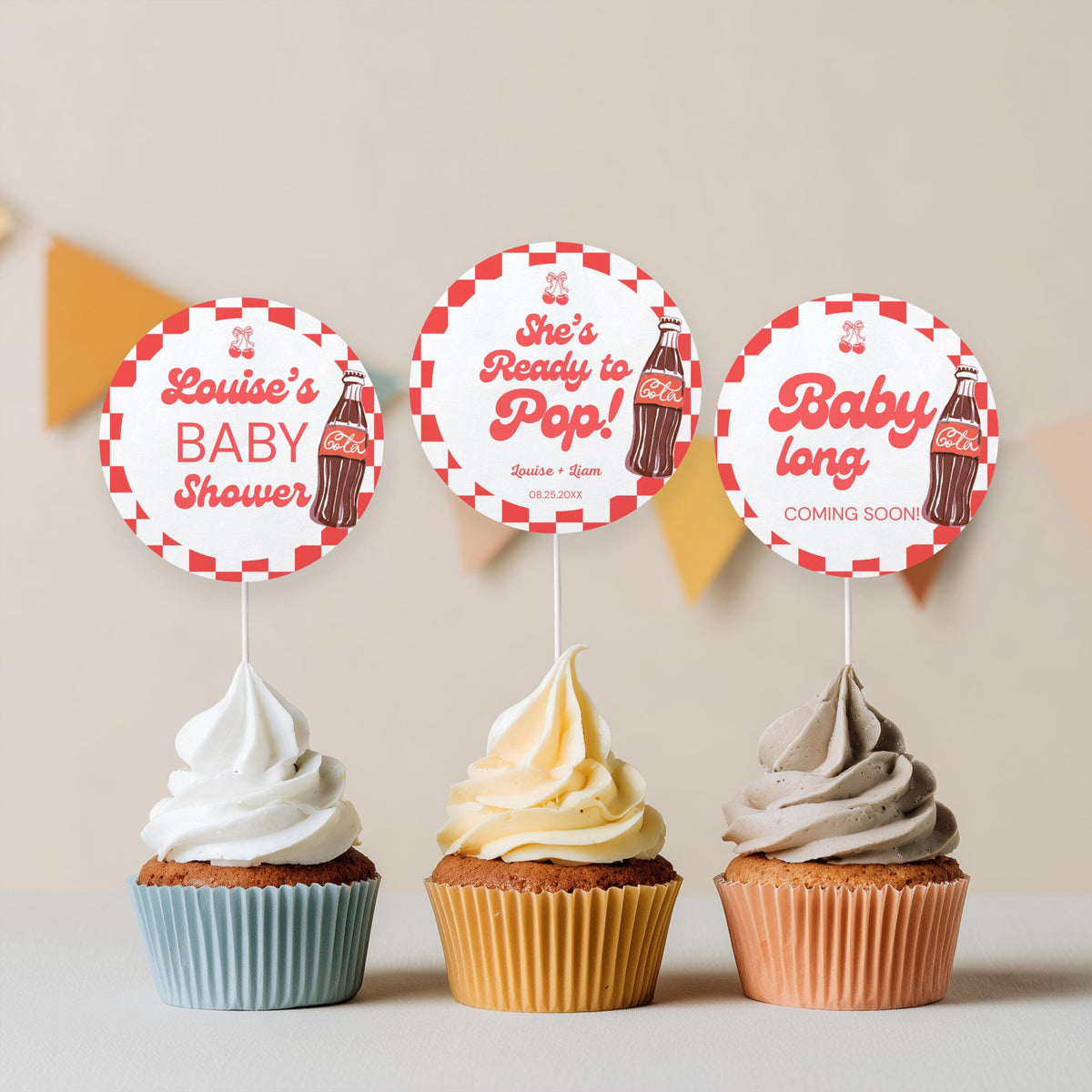 Ready to pop Baby Shower Cupcake toppers, Soda Party Cake topper