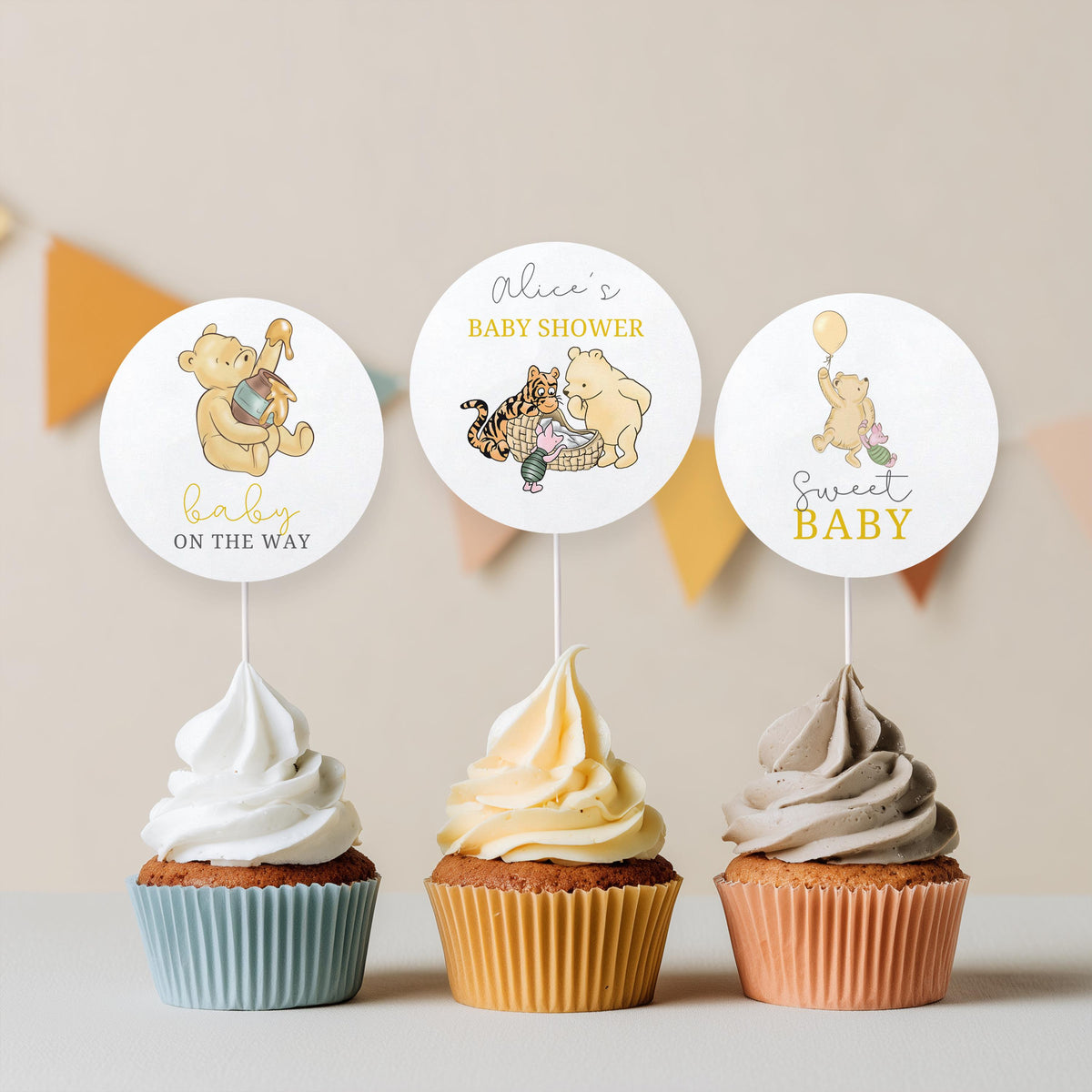Winnie the Pooh Baby Shower Cupcake toppers, Party Cake topper