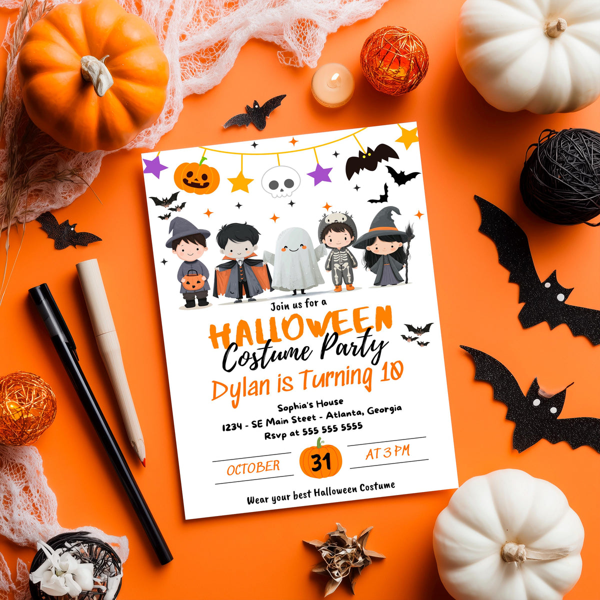 Editable Spooktacular Costume Party Halloween Birthday Invitation, Halloween Birthday Party Invite, Cute Kids Halloween Mobile Invite