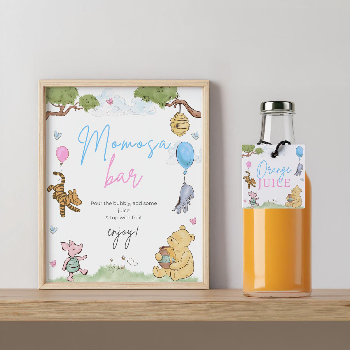Winnie the Pooh Gender Reveal Mimosa Bar Sign, Momosa Bar Baby Shower Juice Tags