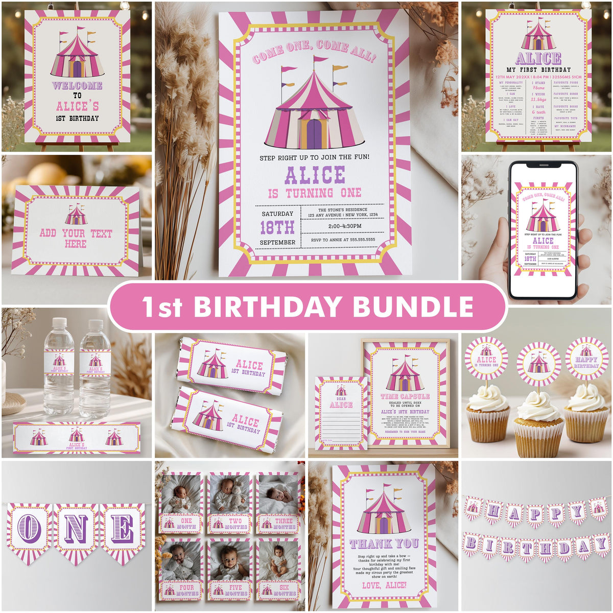 Pink Circus Bundle Birthday , Carnival 1st Party Decorations, Printable Party Set