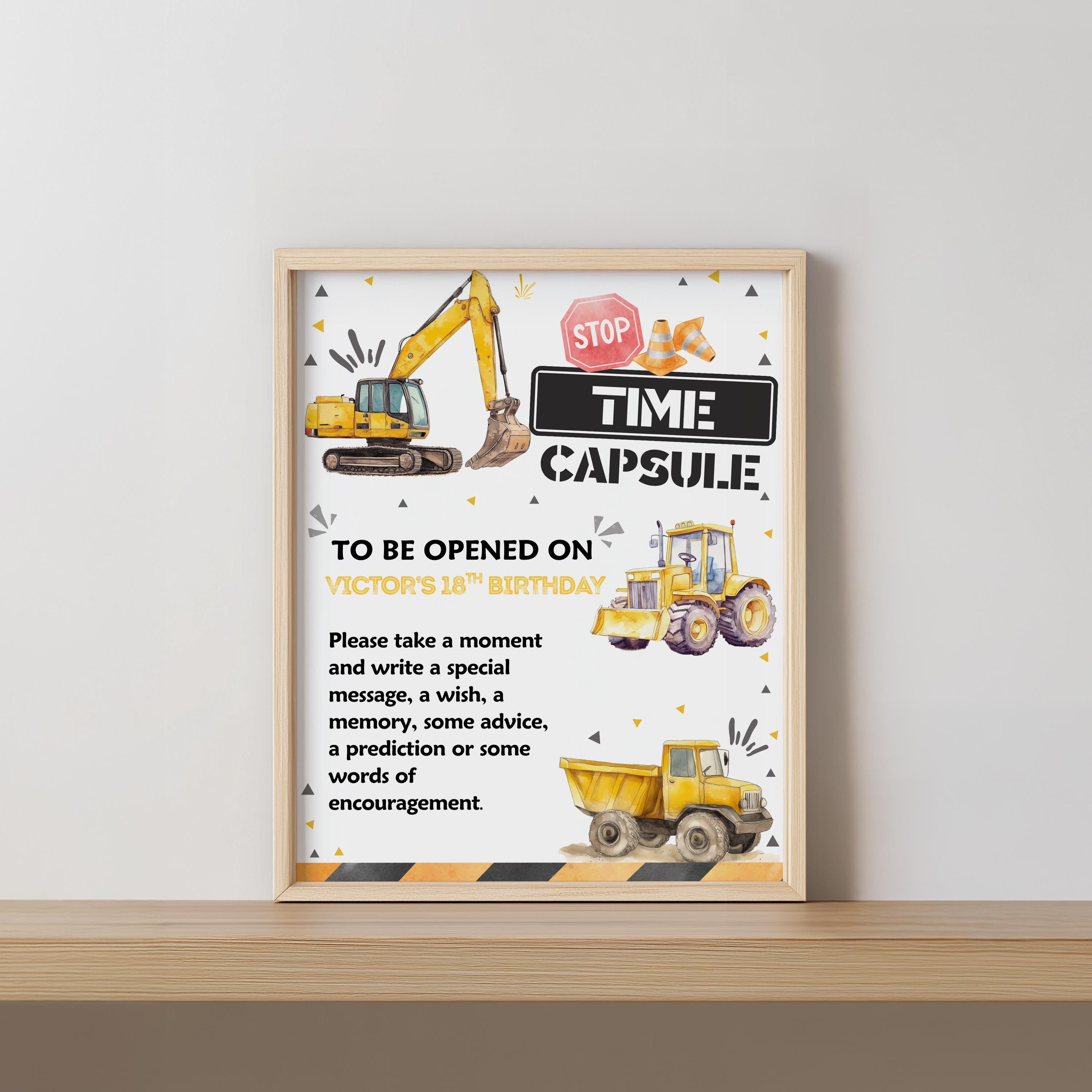 Construction First Birthday Time Capsule Sign, Yellow Tractors 1st Birthday Time Capsule, Construction 1st Birthday Decorations 9164