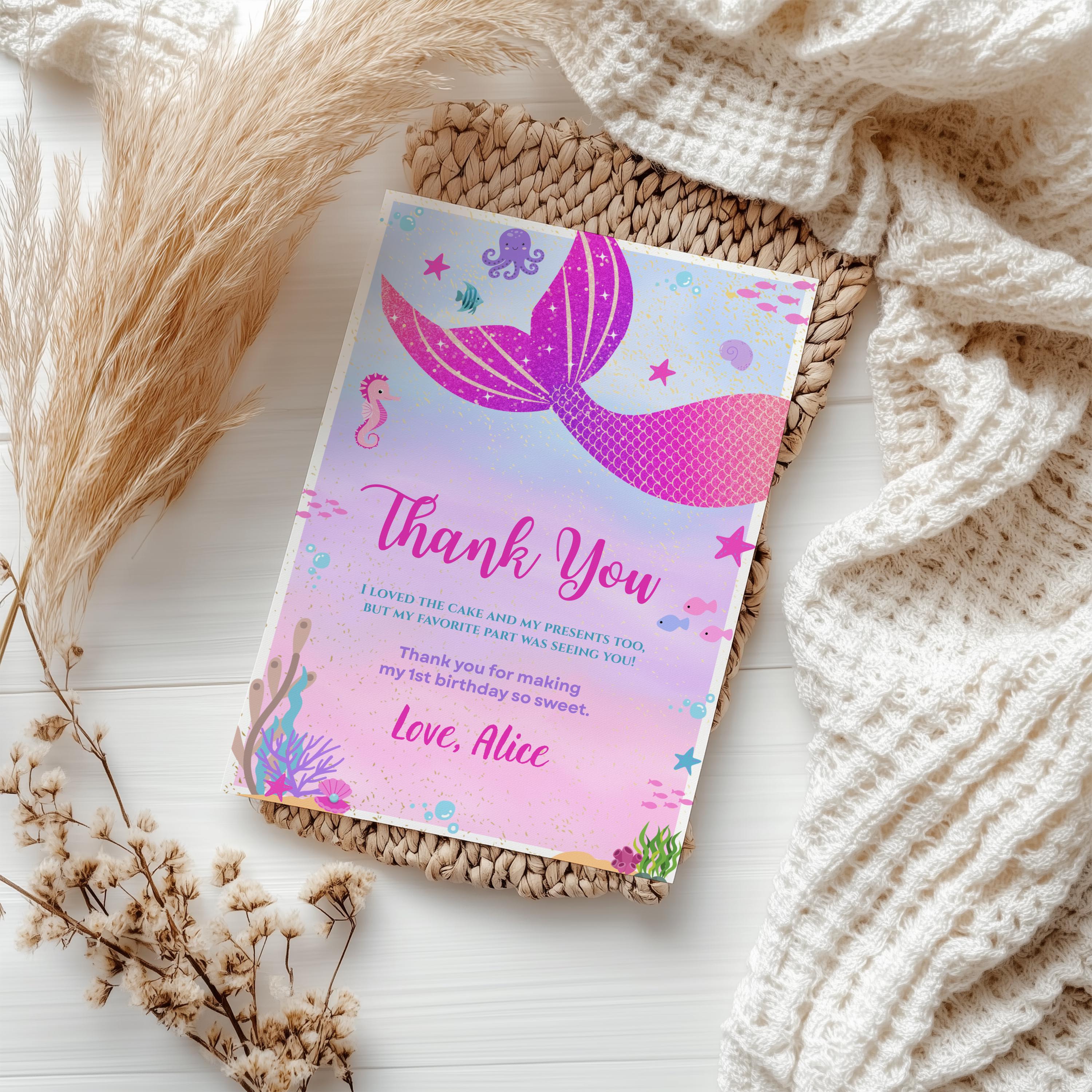 Mermaid First Thank You Card Template, Printable Thank You Card, Mermaid Birthday Thank You Card, Editable Template 9168