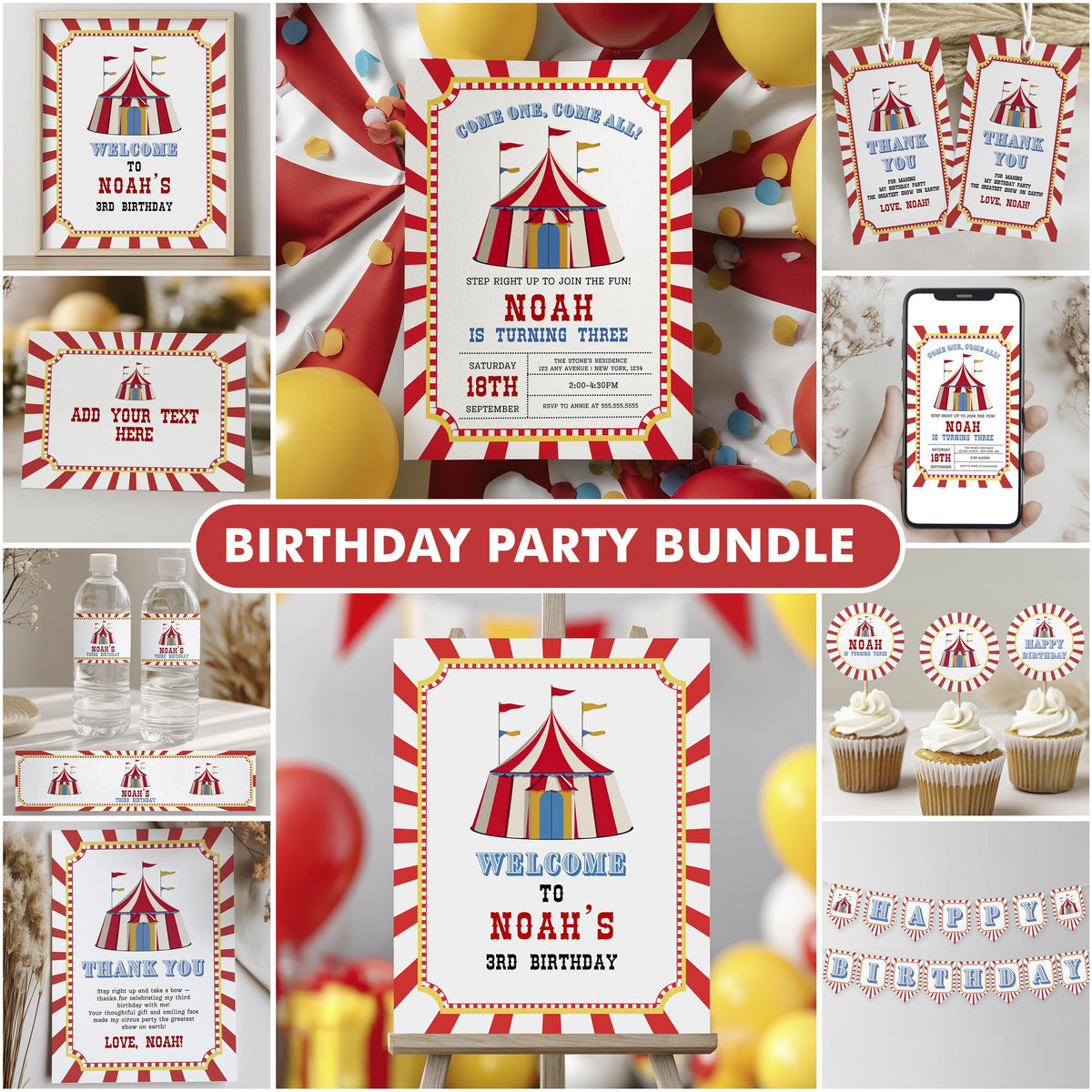 Circus Party Bundle, Carinval Printable Birthday Decorations Party Set