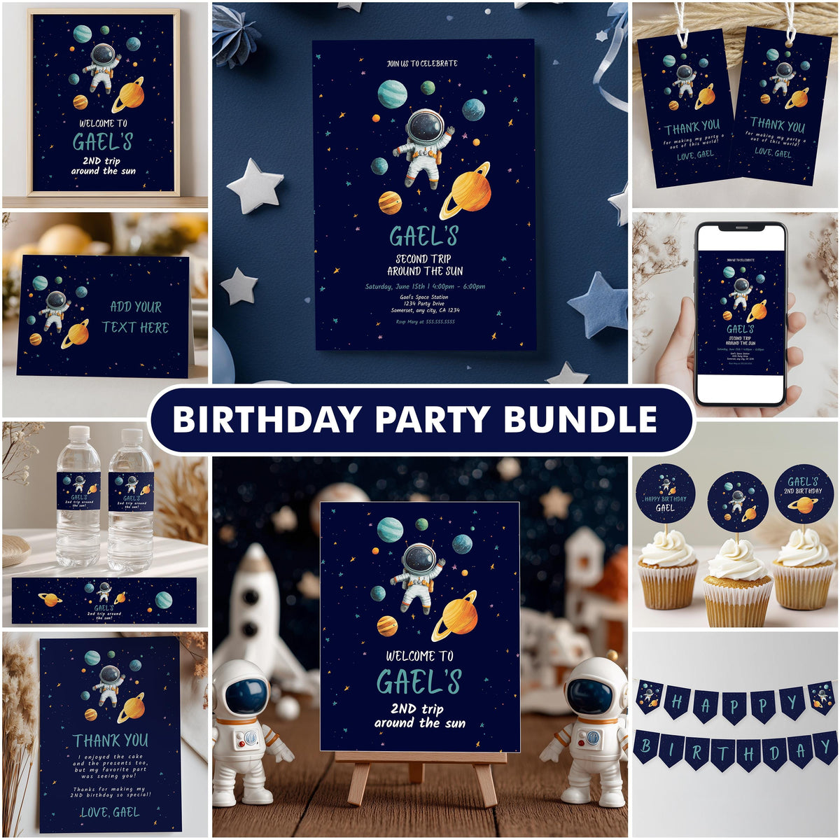 Editable Space Astronaut Party Decorations | Second Trip Around the Sun Birthday Bundle | Astronaut Party Set | Instant Download