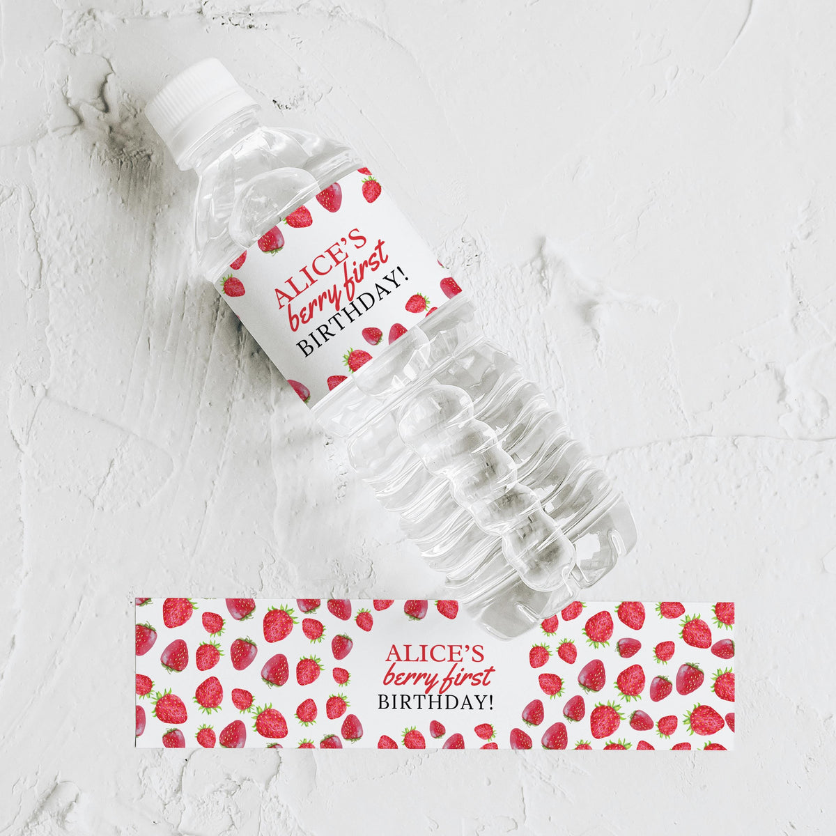 Berry First Water Bottle Labels, Strawberry 1st Birthday Printable Bottle Label