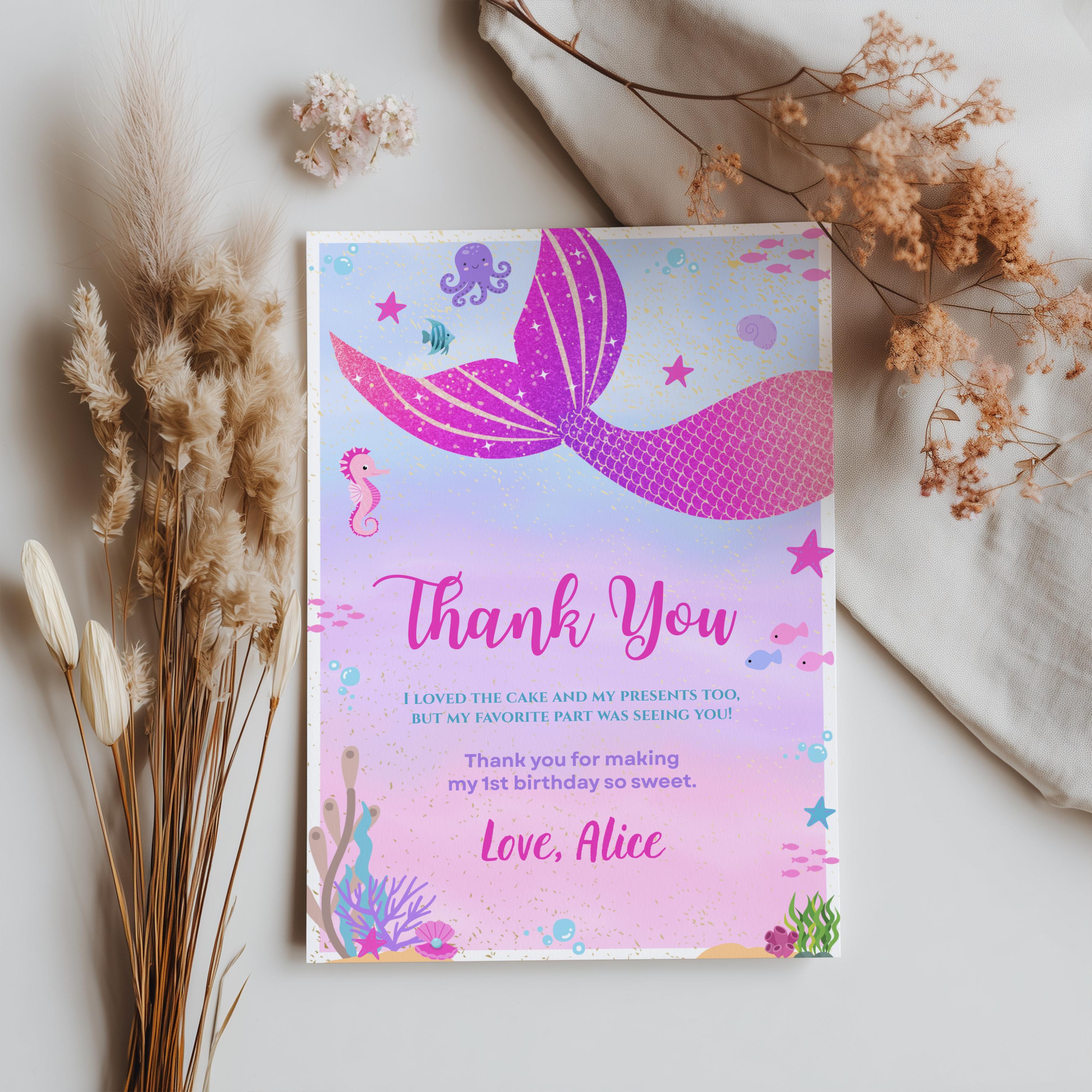 Mermaid First Thank You Card Template, Printable Thank You Card, Mermaid Birthday Thank You Card, Editable Template 9168
