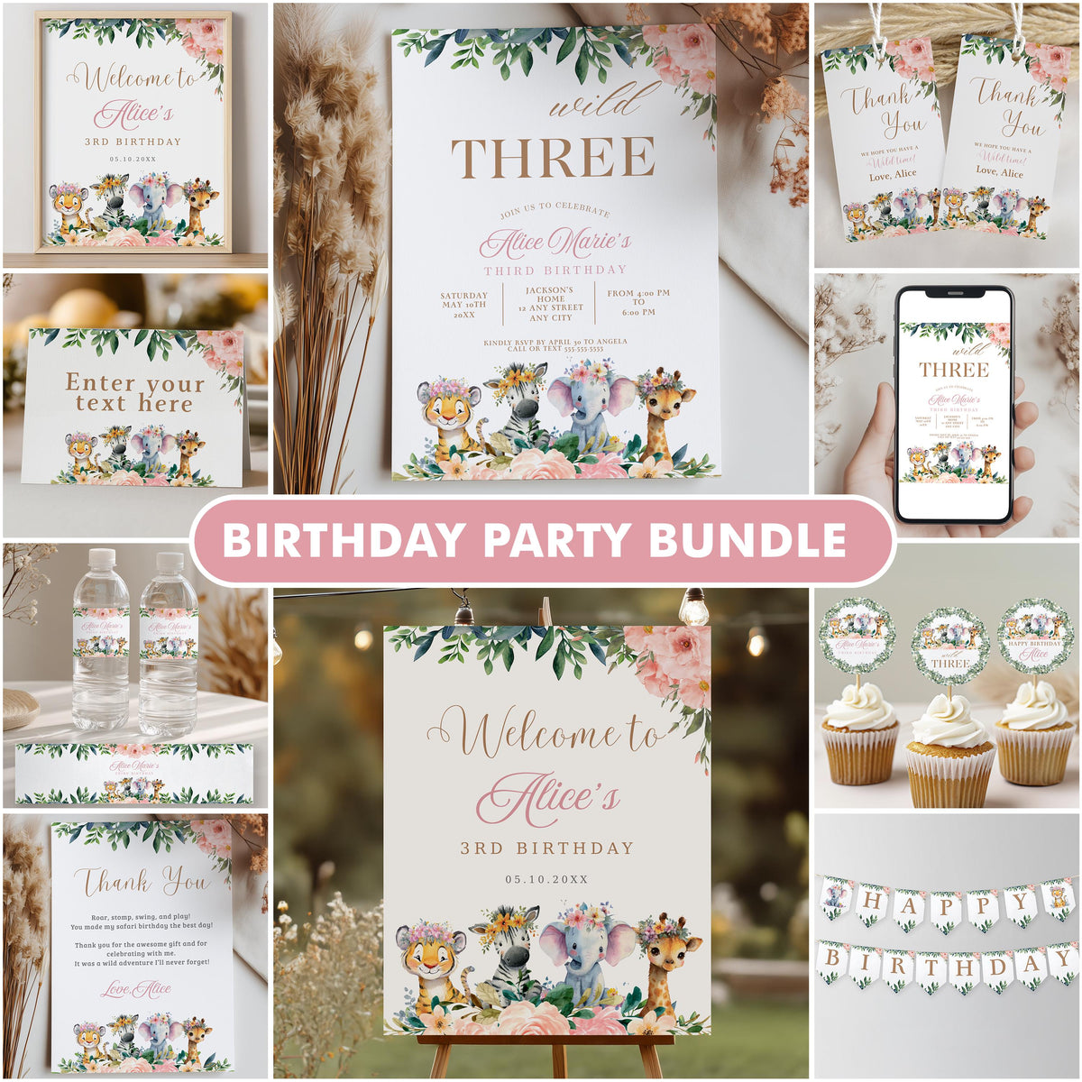 Safari Girl Birthday Bundle | Birthday Bundle Safari Wild Party Set | Instant Download
