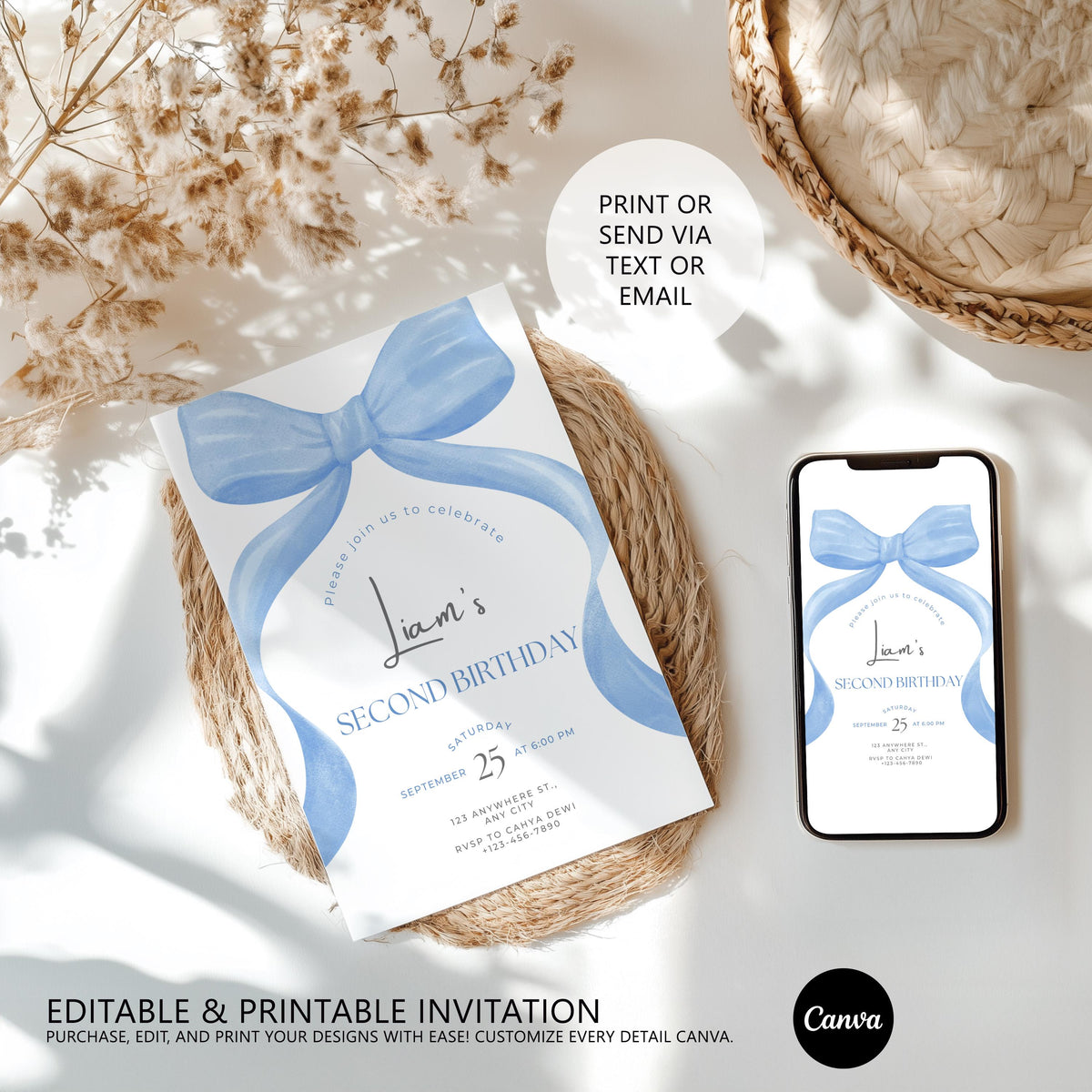 Blue Bow Birthday Invitation, Blue Bow Invitation, Blue Bow Birthday, Blue Ribbon Birthday Party Invite