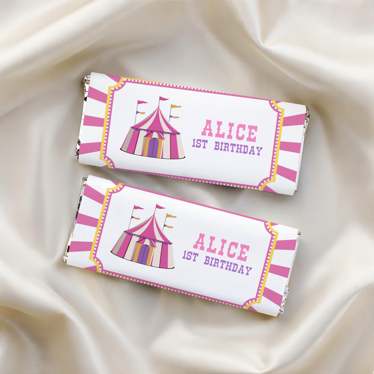 Pink Circus 1st Birthday Chocolate Wrappers, Candy Bar Label