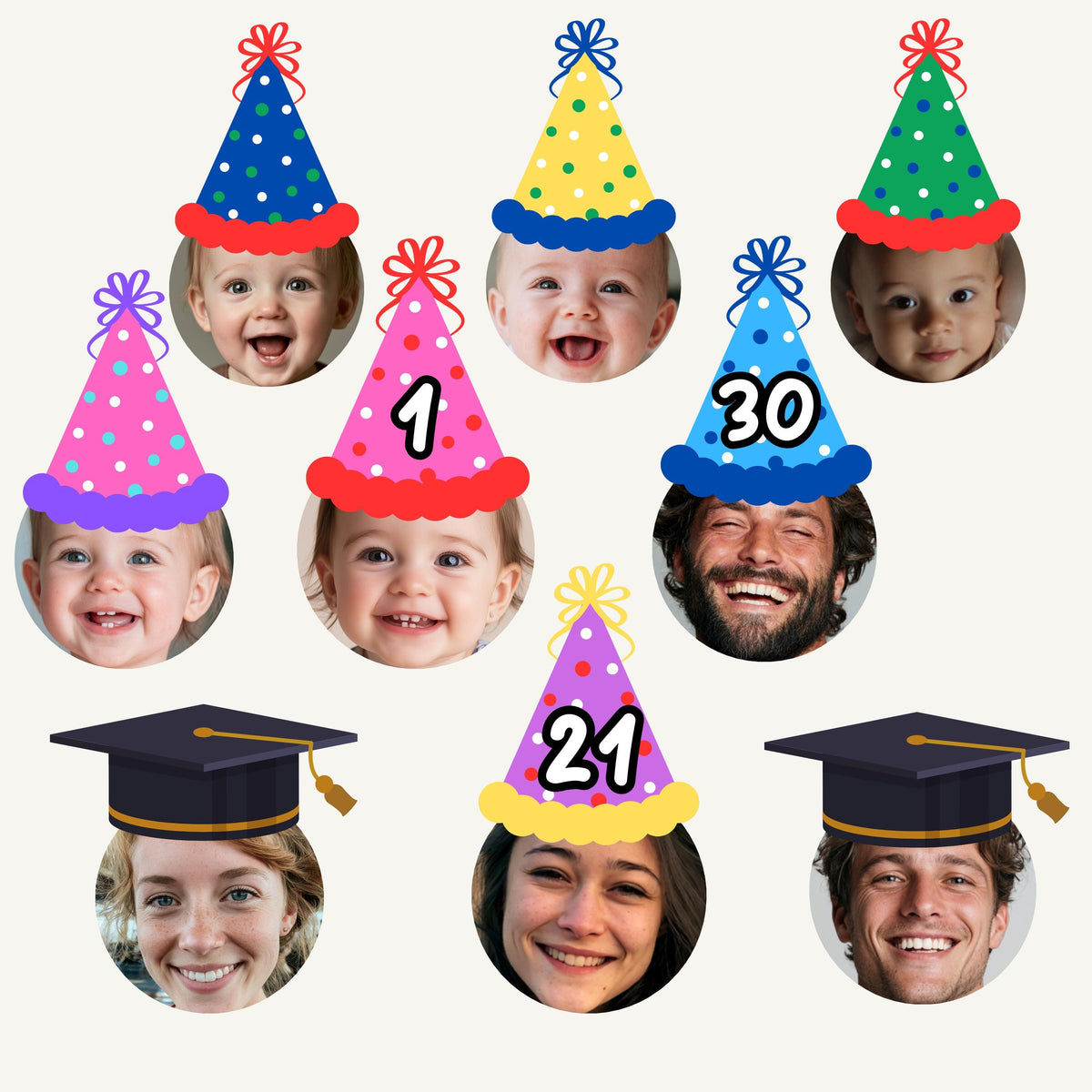 Cupcake Topper Custom Face with Party Hat, Personalised Fun Birthday