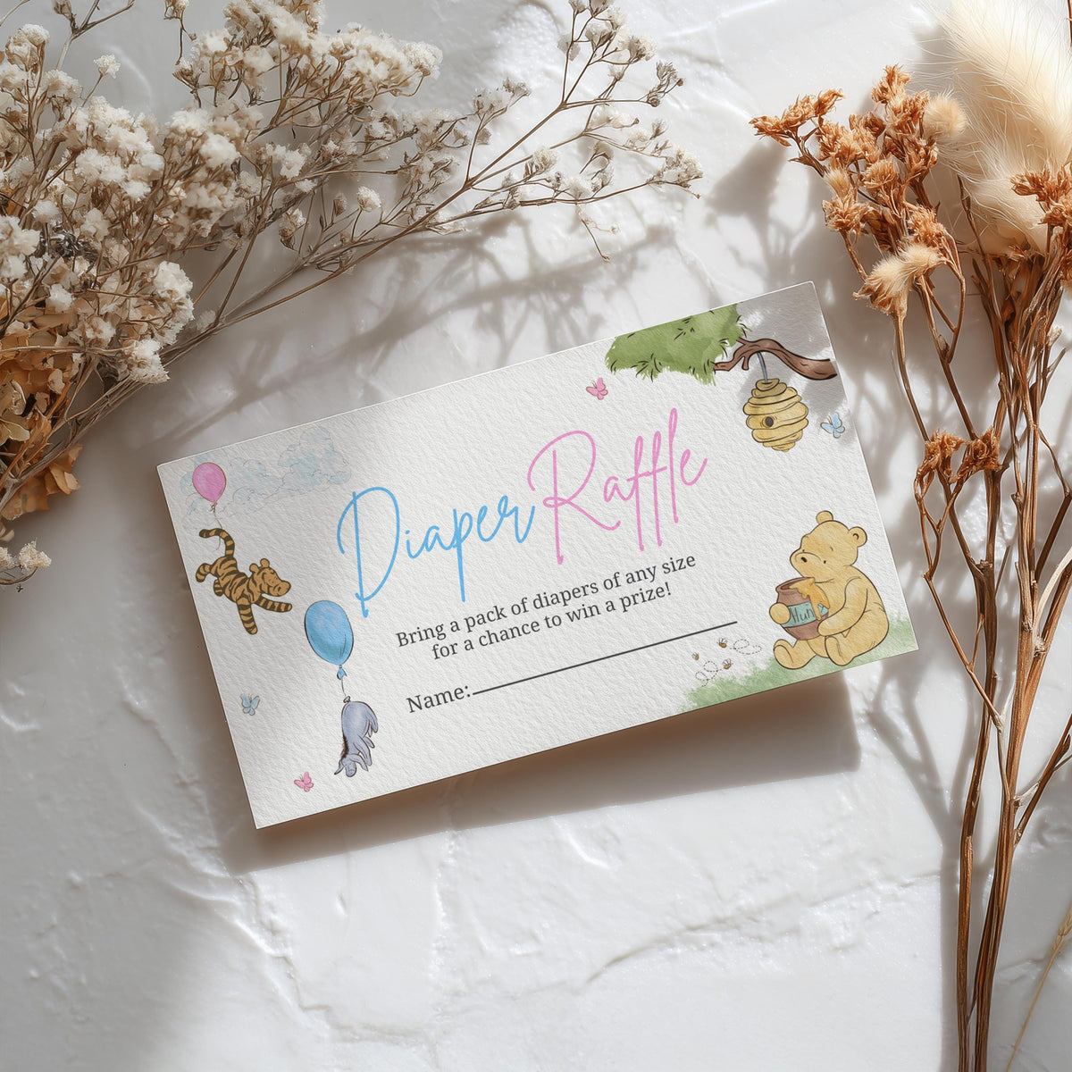 Winnie the Pooh Gender Reveal Diaper Raffle Card, Printable Baby Shower Nappy Raffle Cards