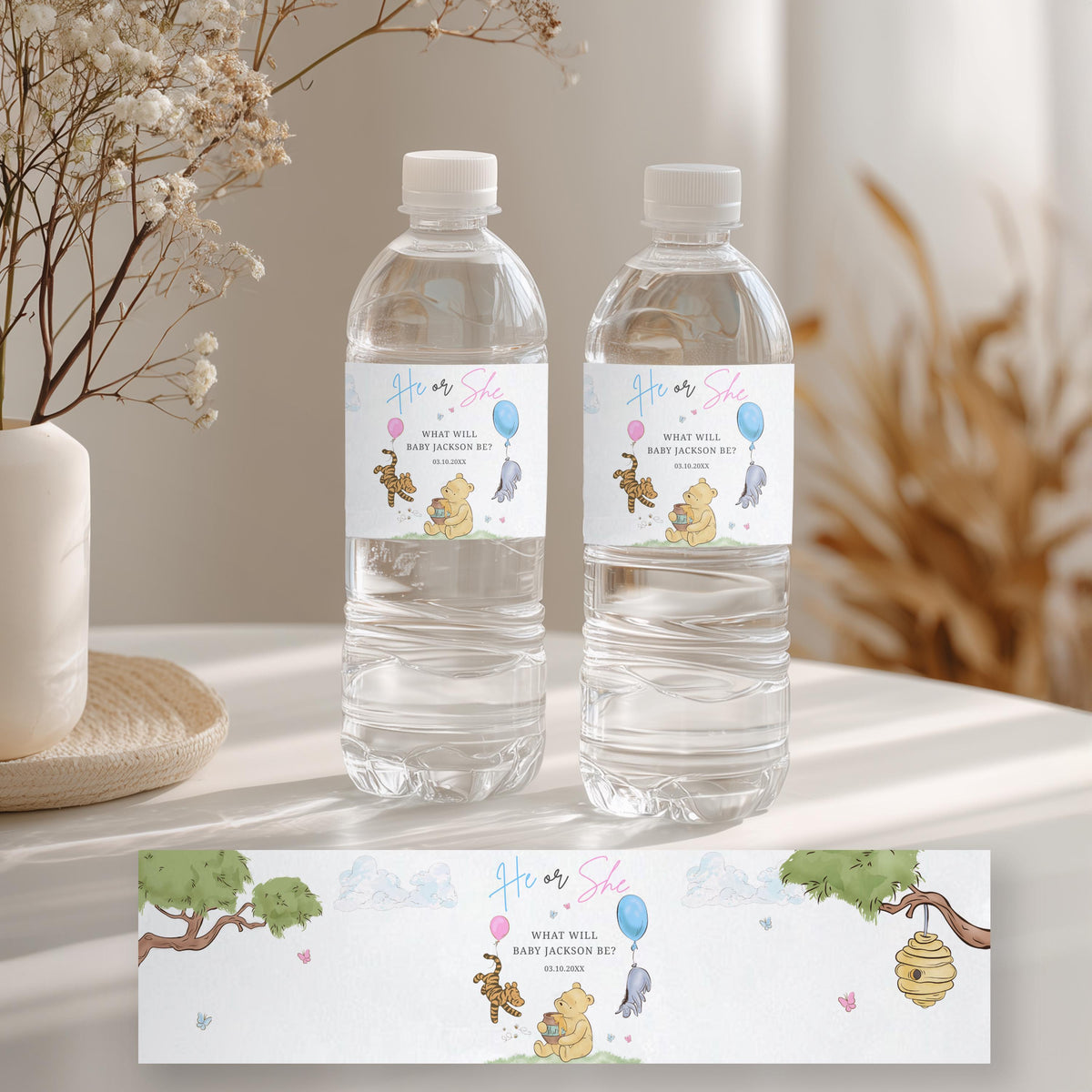 Winnie the Pooh Gender Reveal Water Bottle Labels Baby Shower Label