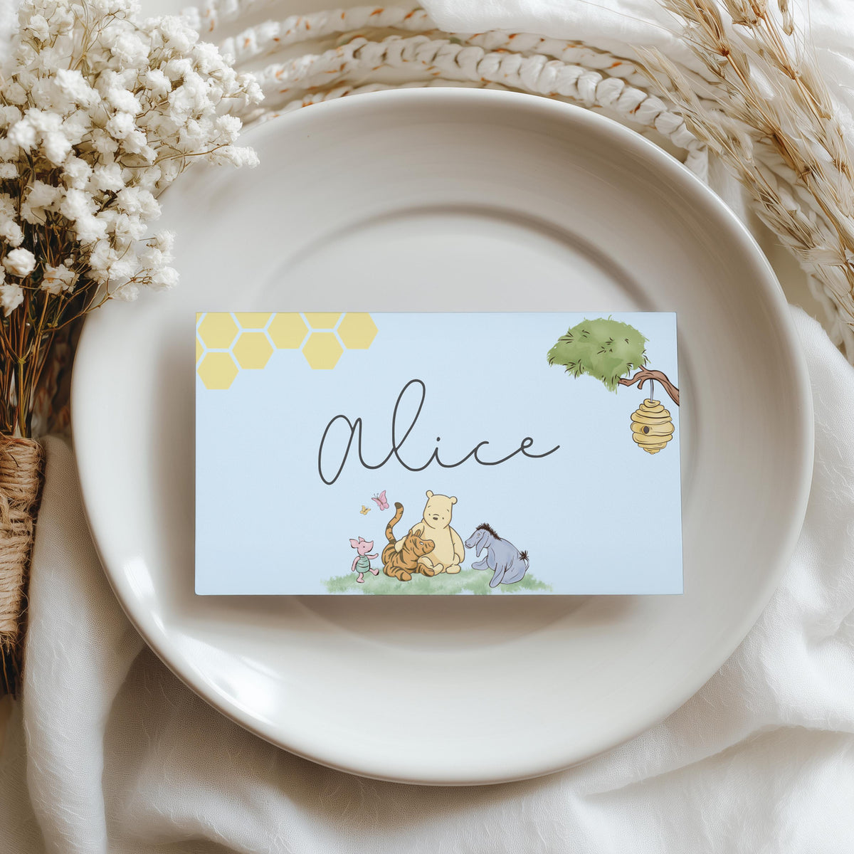 Blue Winnie the Pooh Place Card Template Printable, Editable Place Cards