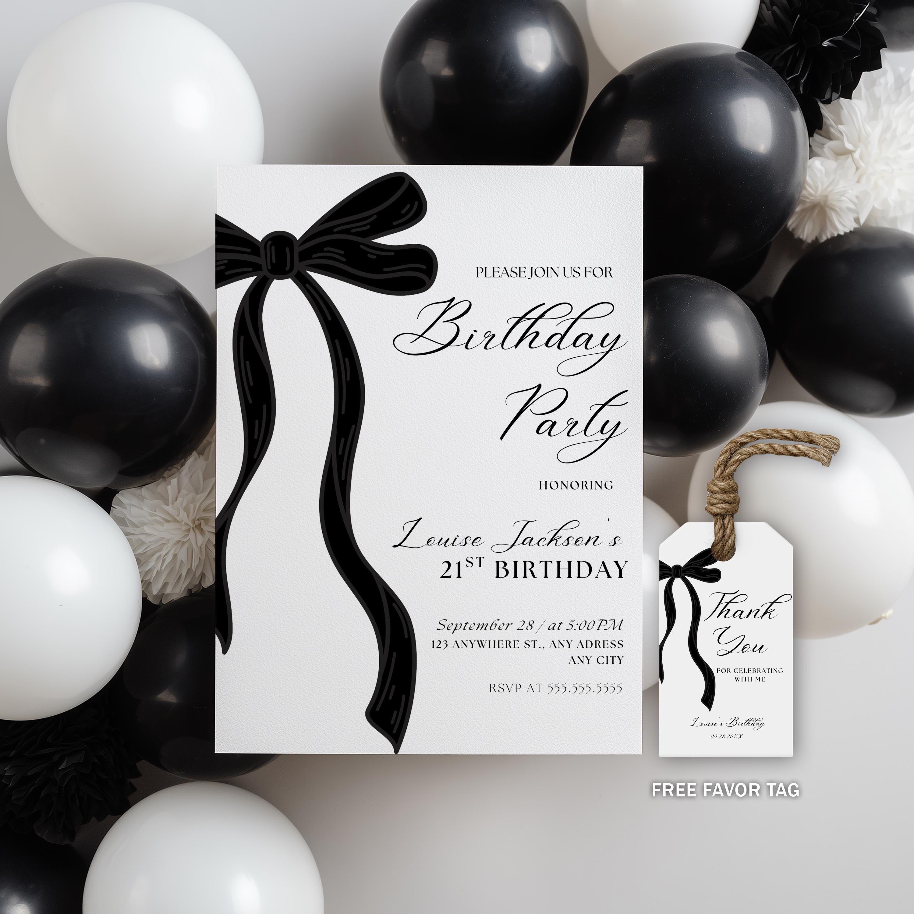 21st Birthday Invitation, Black Bow Minimalist 21st Party Invite, 9172