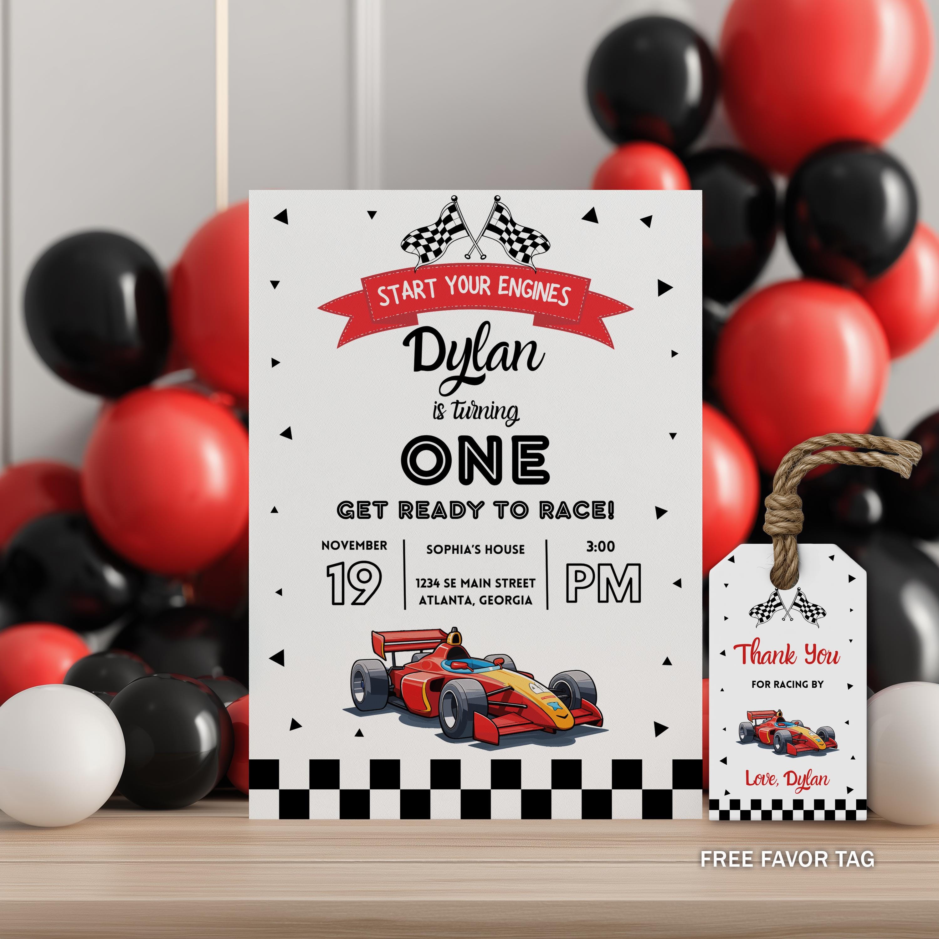 Racing Car Birthday Invitation Template, Fast Car Birthday Invite, Fast One Birthday Invitation Template 5987