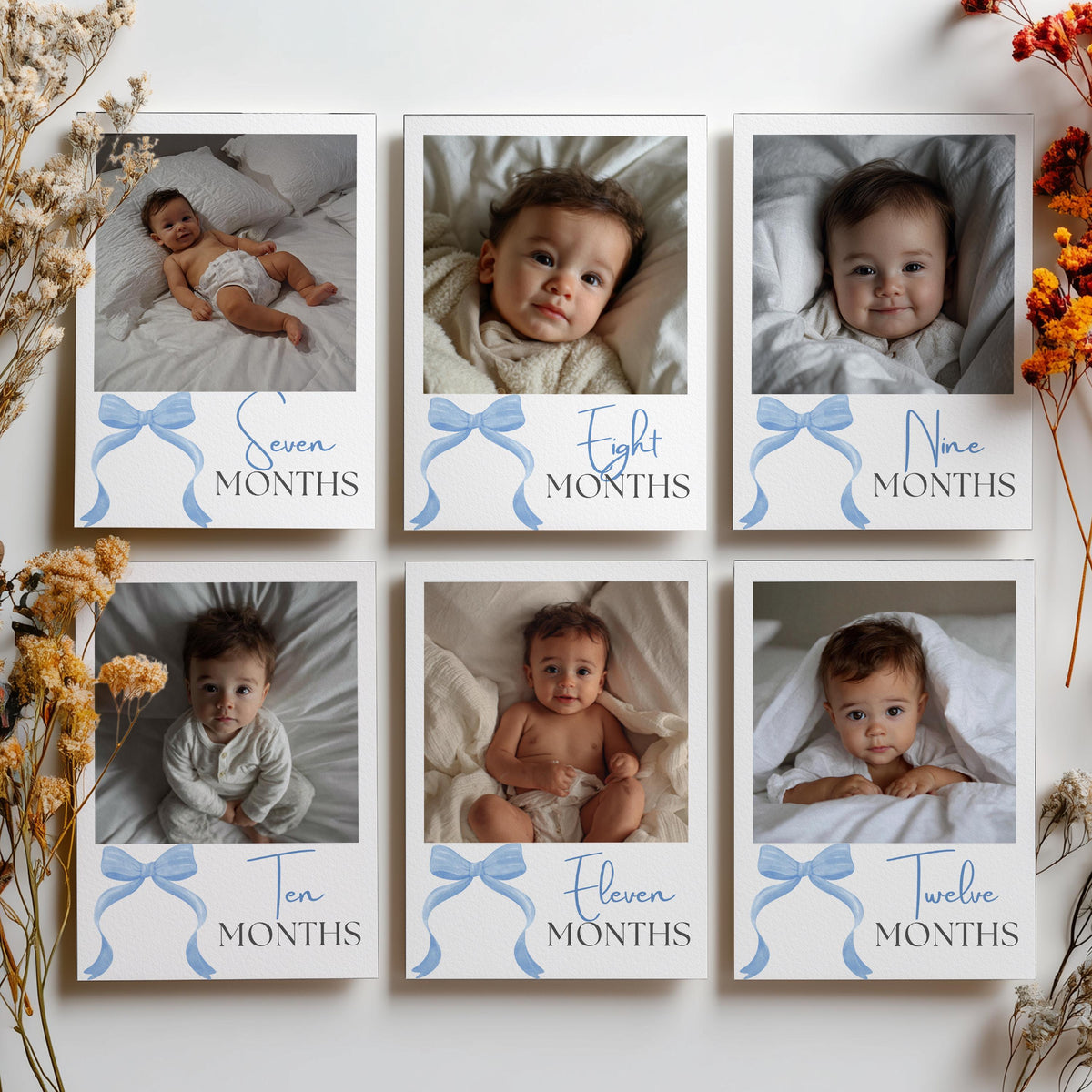 Blue Bow First Year Photos, Blue Bow 1st Birthday Photos, Blue Ribbon Baby's First Year Month Photos, Monthly Photo