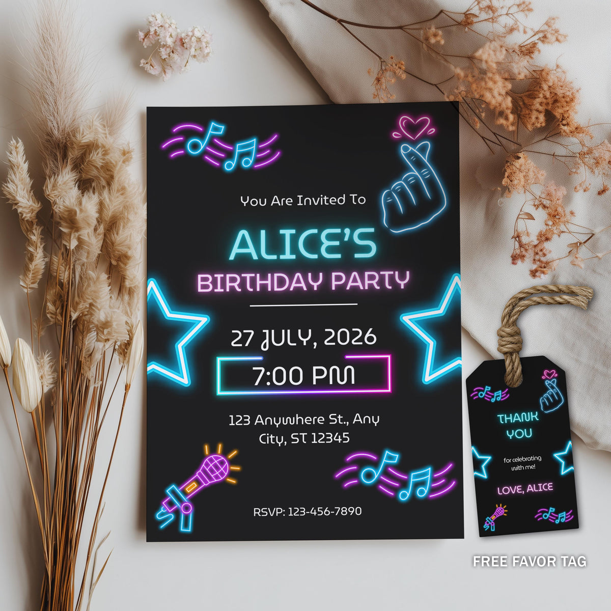Editable Music Neon K-Pop Birthday Invitations, Music Neon KPop Invite, Korean Pop Theme Birthday Invitation Template, INSTANT DOWNLOAD