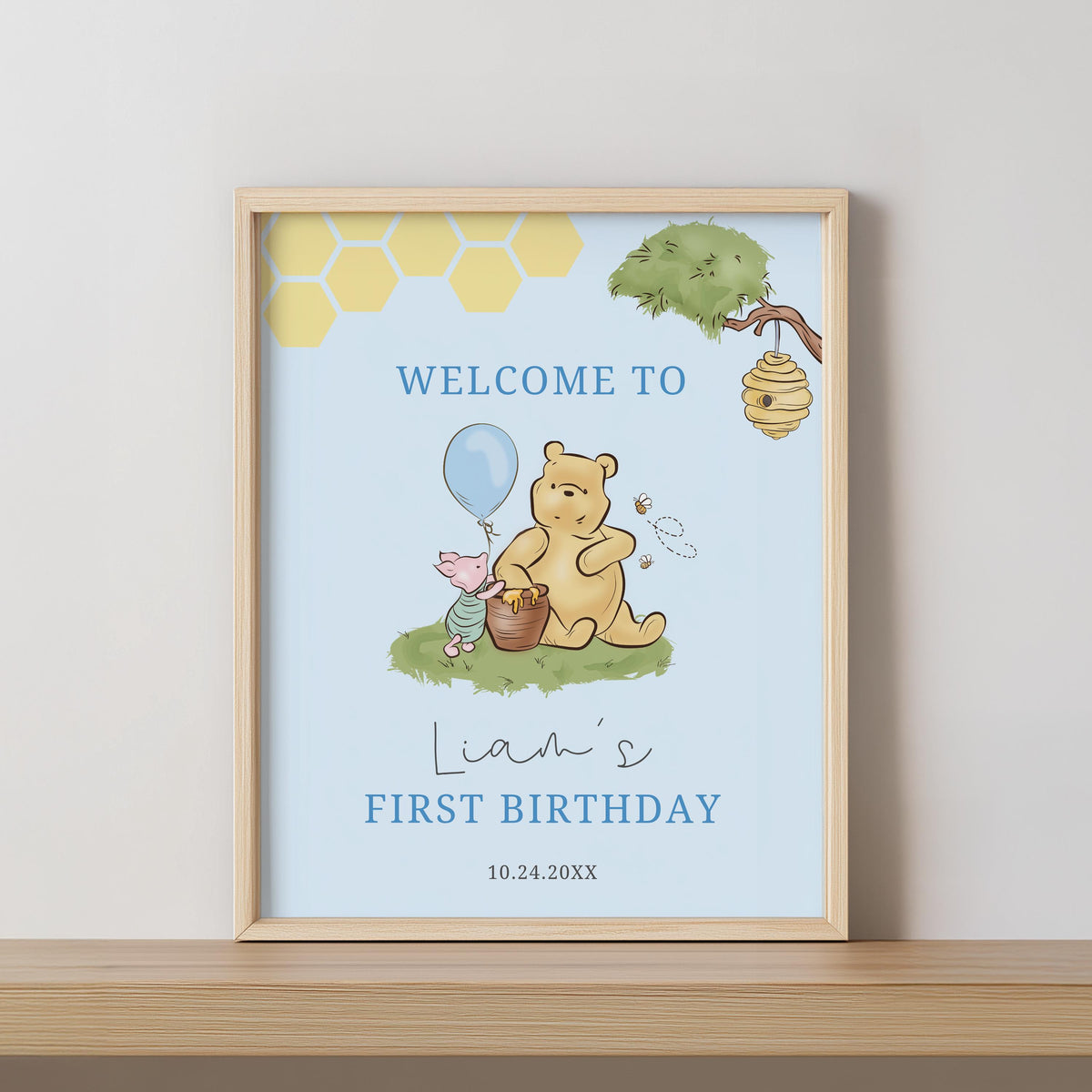 Blue Winnie the Pooh Welcome Sign, Birthday Sign