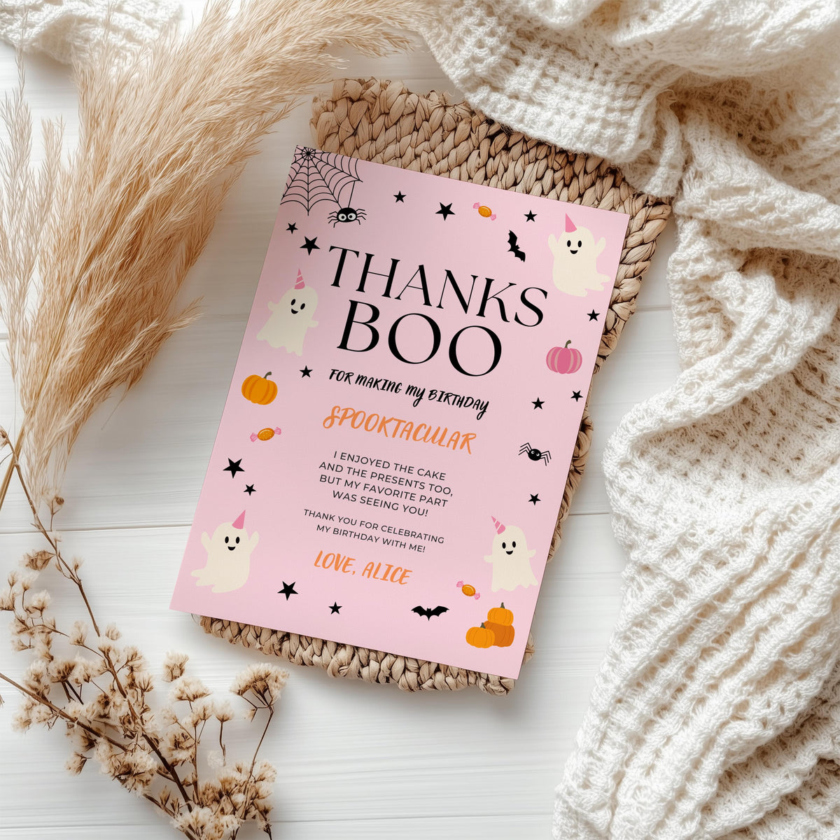 Pink Ghost Halloween Thank You Card: Editable Canva Template (Digital Download) 9162