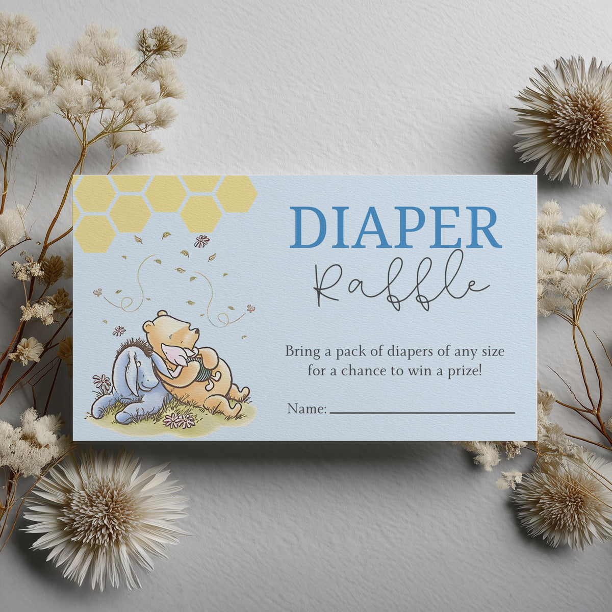 Blue Winnie the Pooh Diaper Raffle Card, Printable Nappy Raffle Cards