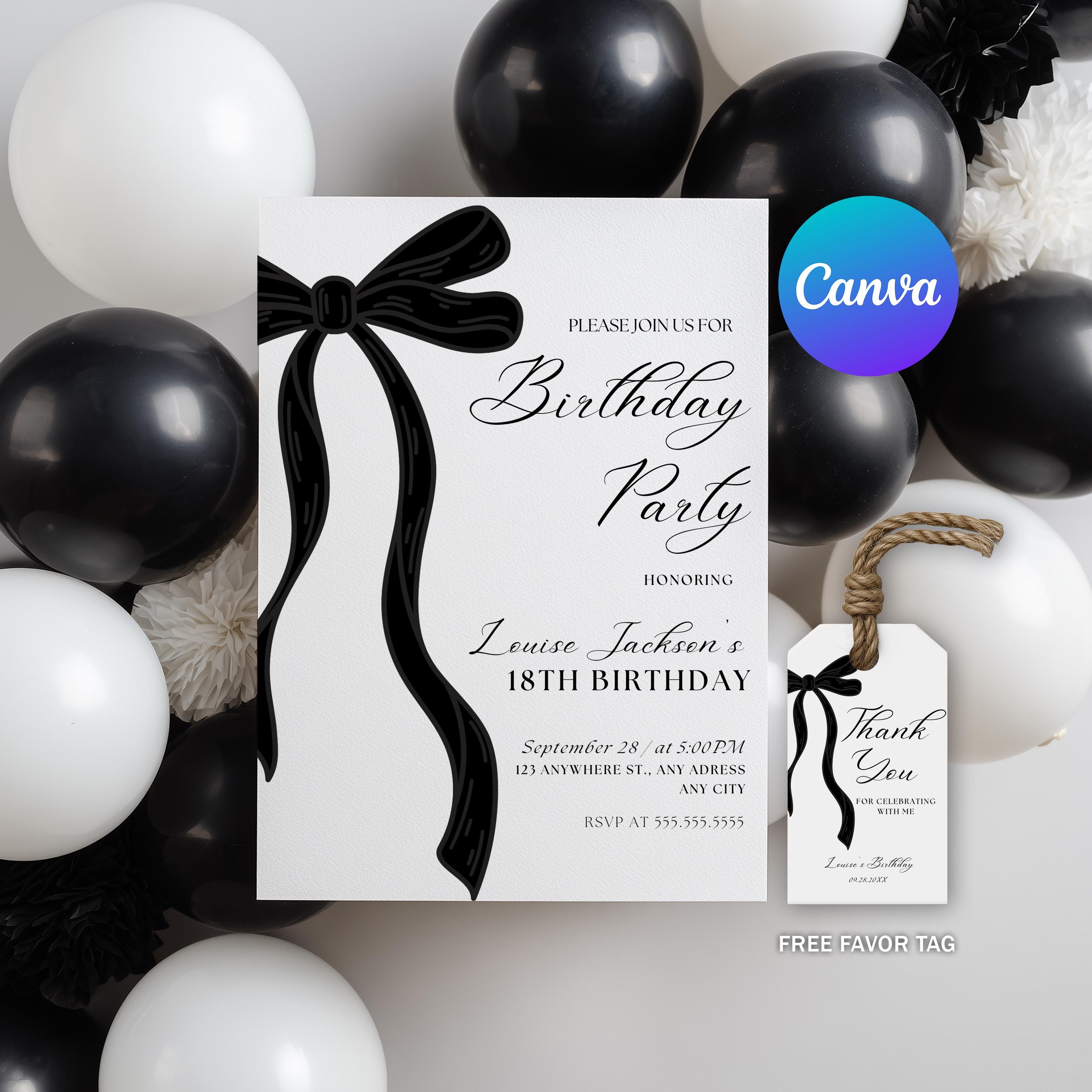 18th Birthday Invitation, Eighteenth Black Bow Minimalist Party Invite, 9173