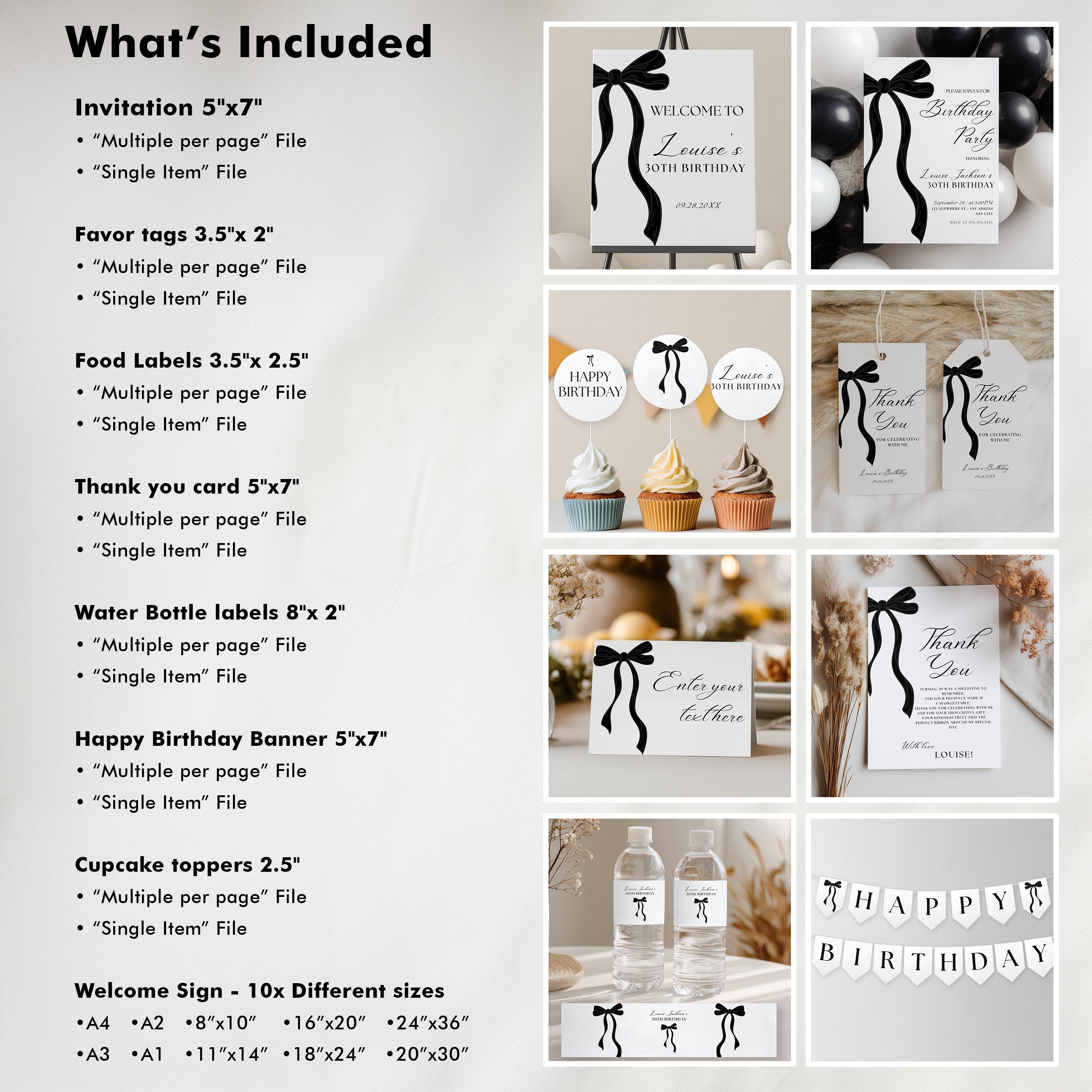 30th Party Decoration | 30th Birthday Bundle | Thirty Black Bow Minimalist Decorations | Download 9177
