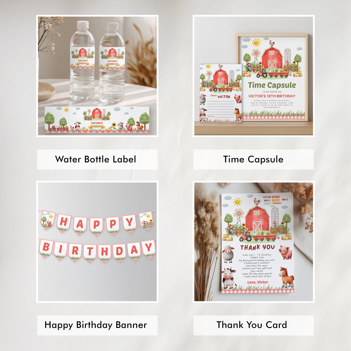Farm First Birthday Bundle, Barnyard Party Decorations , 1st Birthday Invitation Set