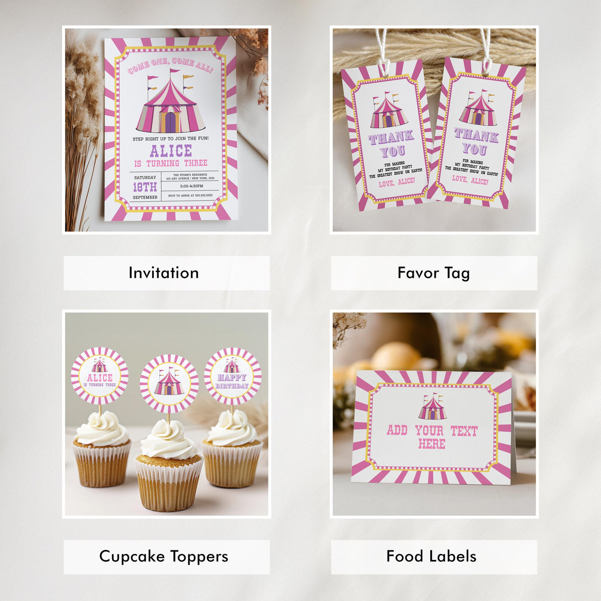 Pink Circus Party Bundle, Girl Circus Birthday Printable Decorations