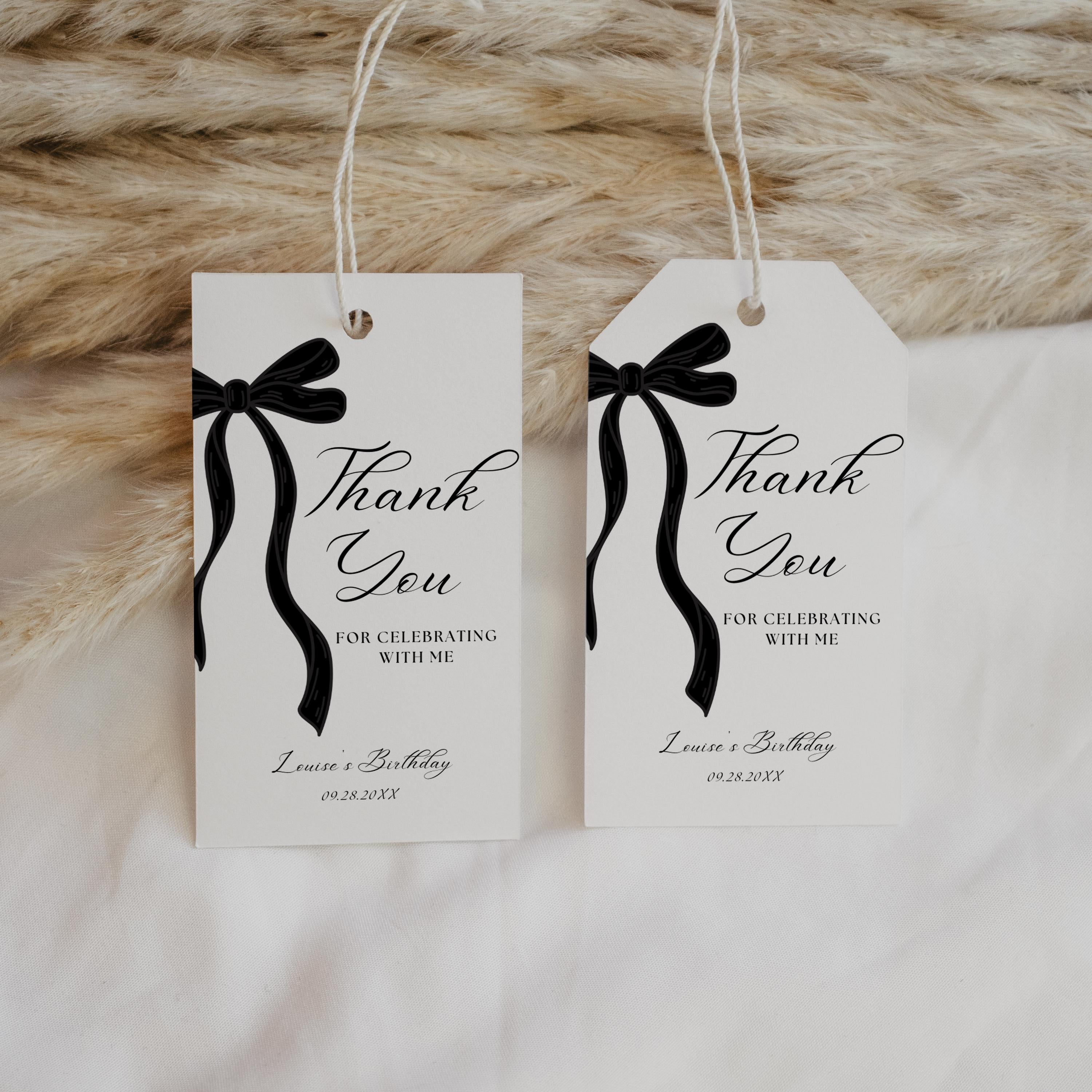 Black Bow Favor Tags, Minimalist 1st Birthday Tag, Gender neutral, Printable Gift Tags 9174
