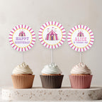 Pink Circus Cupcake Topper, 1st Birthday Cupcake Toppers